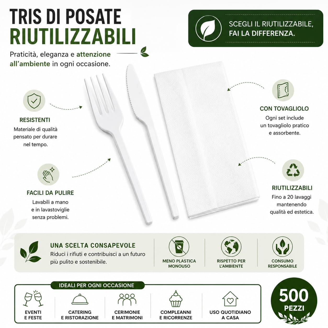 Kit Bis Posate Bianche Riutilizzabili, Forchetta e Coltello con Tovagliolo Monouso, Set Posate per Catering, Eventi, Ristoranti, Feste e Asporto 500 Pz