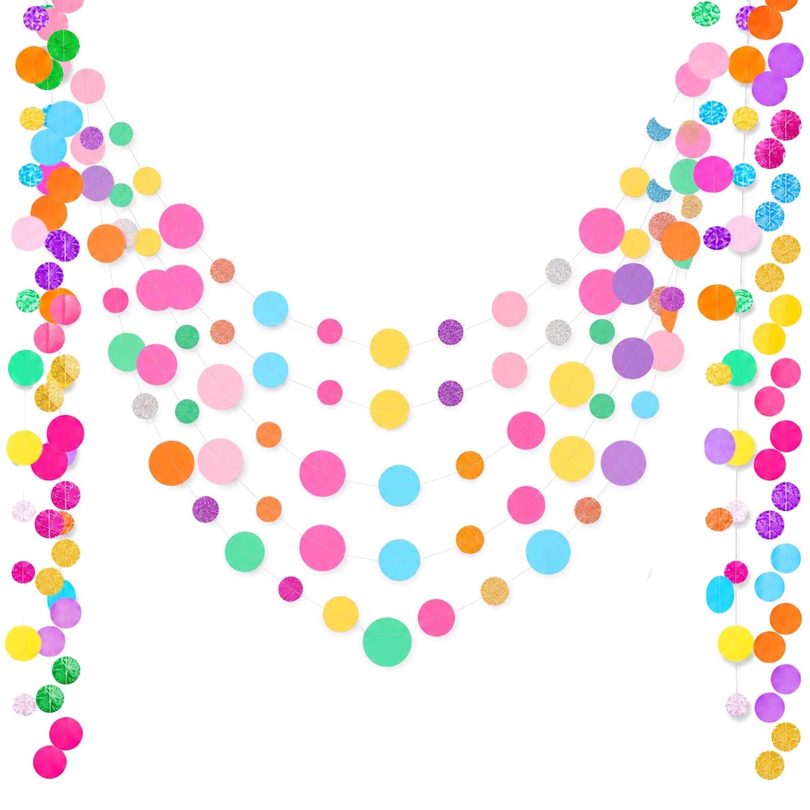 5Pcs Rainbow Hanging Paper Garland, 65.5 Ft Round Circle Paper Banner
