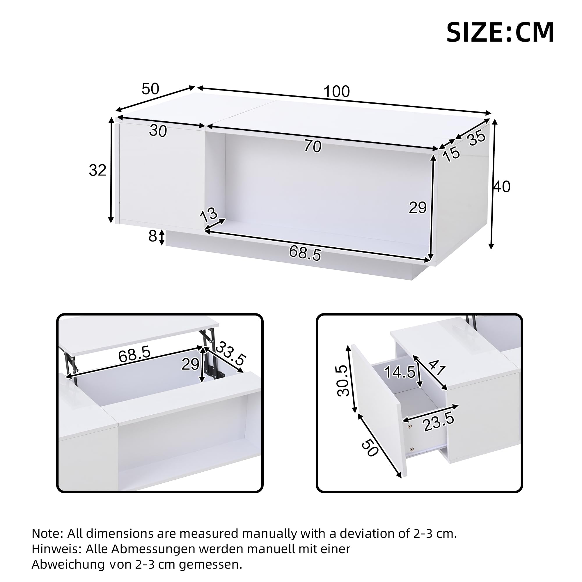 Merax Couchtisch mit Höhenverstellbarer Platte, Modern Hochglanz Wohnzimmertisch mit LED, Sofatisch Kaffeetisch mit Schubladen, Versteckte & offene Stauraum, Rechteckig Mitteltisch Beistelltisch, Weiß
