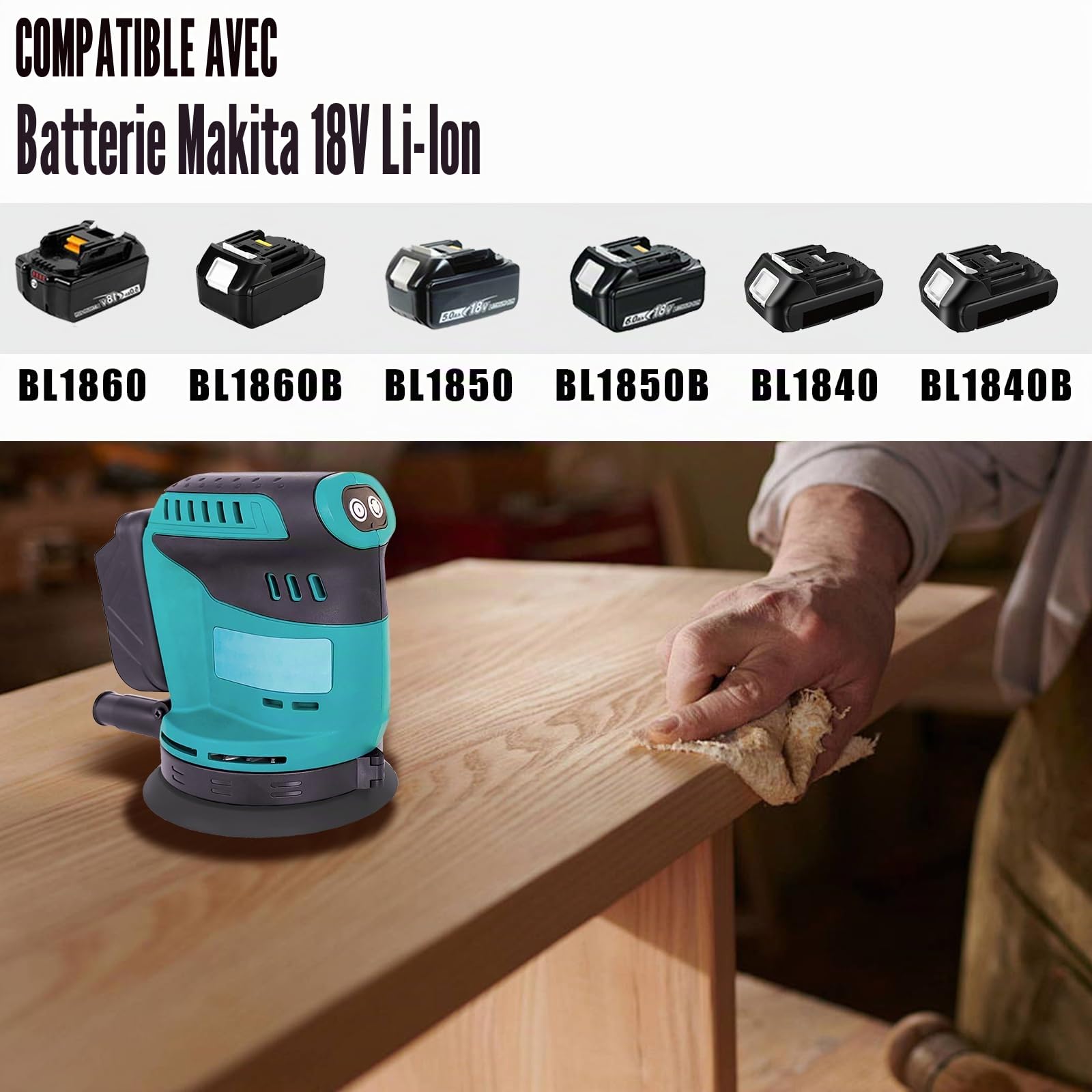 Ponceuse excentrique sans fil 125 mm, compatible avec la Makita DBO180Z, ponceuse électrique sans fil à 3 vitesses, pour le travail du bois et du métal, avec 2 batteries de 3000 mAh et un chargeur