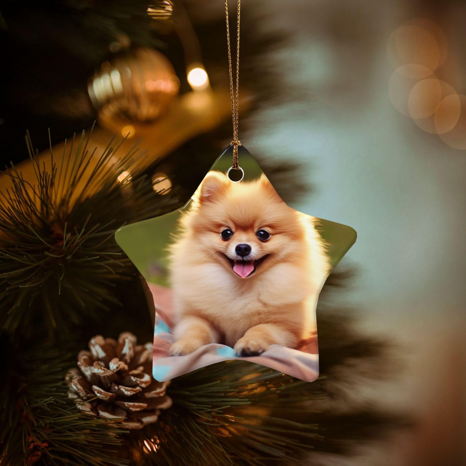 Christmas Ornaments for Christmas Tree Decoration Hanging Short-haired Pomeranian Ornament with Gold Ribbon Crafts Star Shape Ceramic Pendant for Keepsake Gifts Xmas Decor Party Supplies