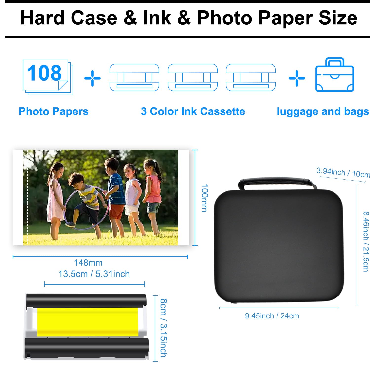 Kompatybilny z Canon Selphy CP1500 tusz i papier oraz twarde etui, KP-108IN KP108 3 wkłady atramentowe i 108 arkuszy papieru fotograficznego 4x6 i Black Case do Selphy CP1500 CP1300