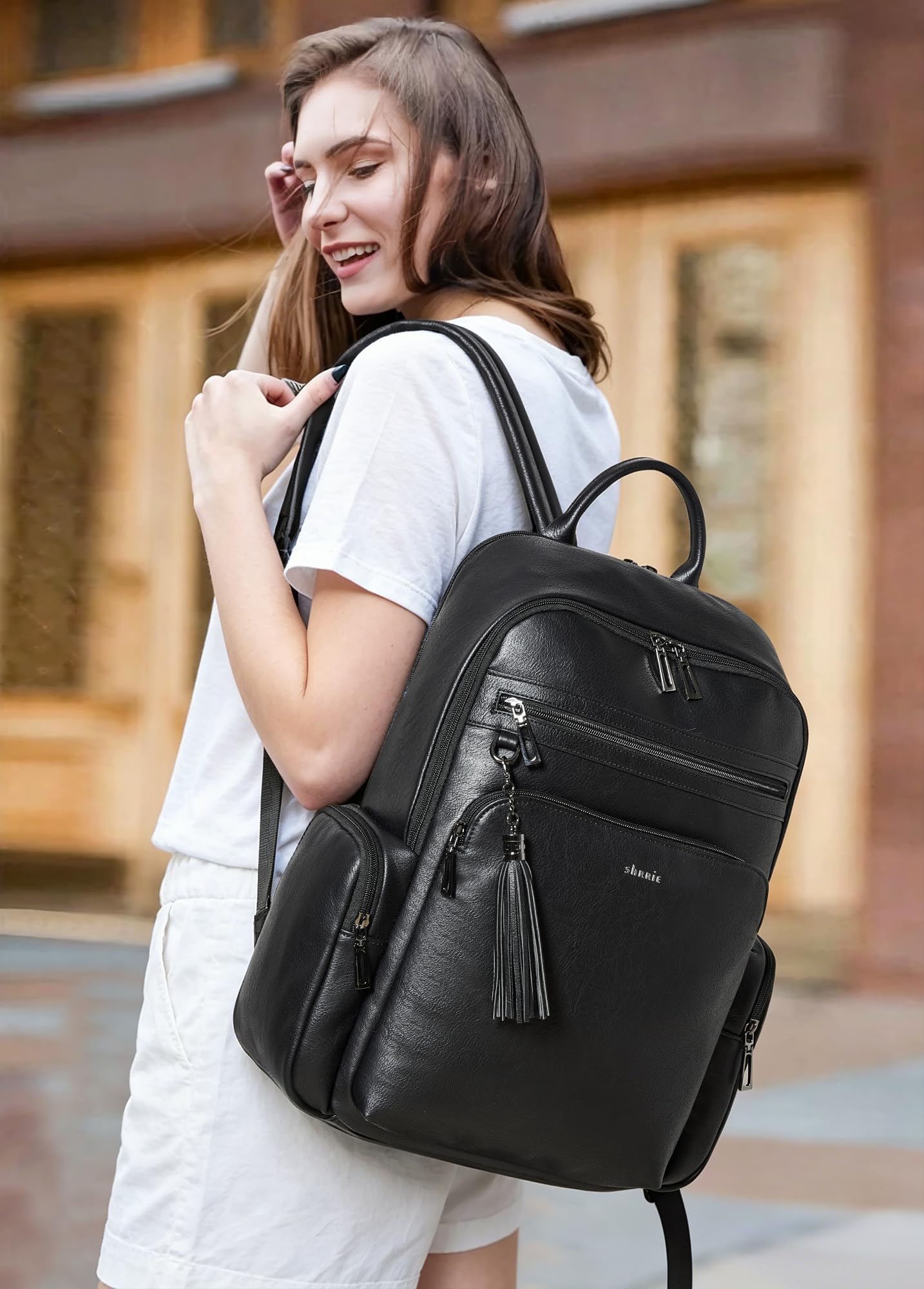 Shrrie Laptop-Rucksack für Damen,16 Zoll Business Arbeits Computer Rucksack mit Laptopfach,Lässiger Tagesrucksack für Büro, Reisen und Uni-Schwarz