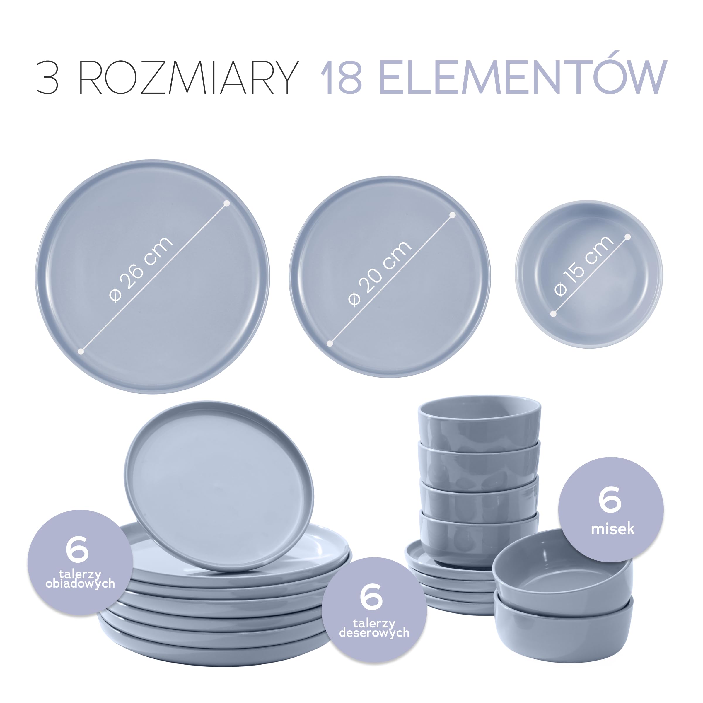 Zestaw naczyń z gresu porcelanowego dla 6 osób, 18-częściowy — wykonany z materiału mocniejszego i bardziej odpornego na zarysowania niż talerze i misek z kamionki, połysk lawendy | Zestaw zastawy