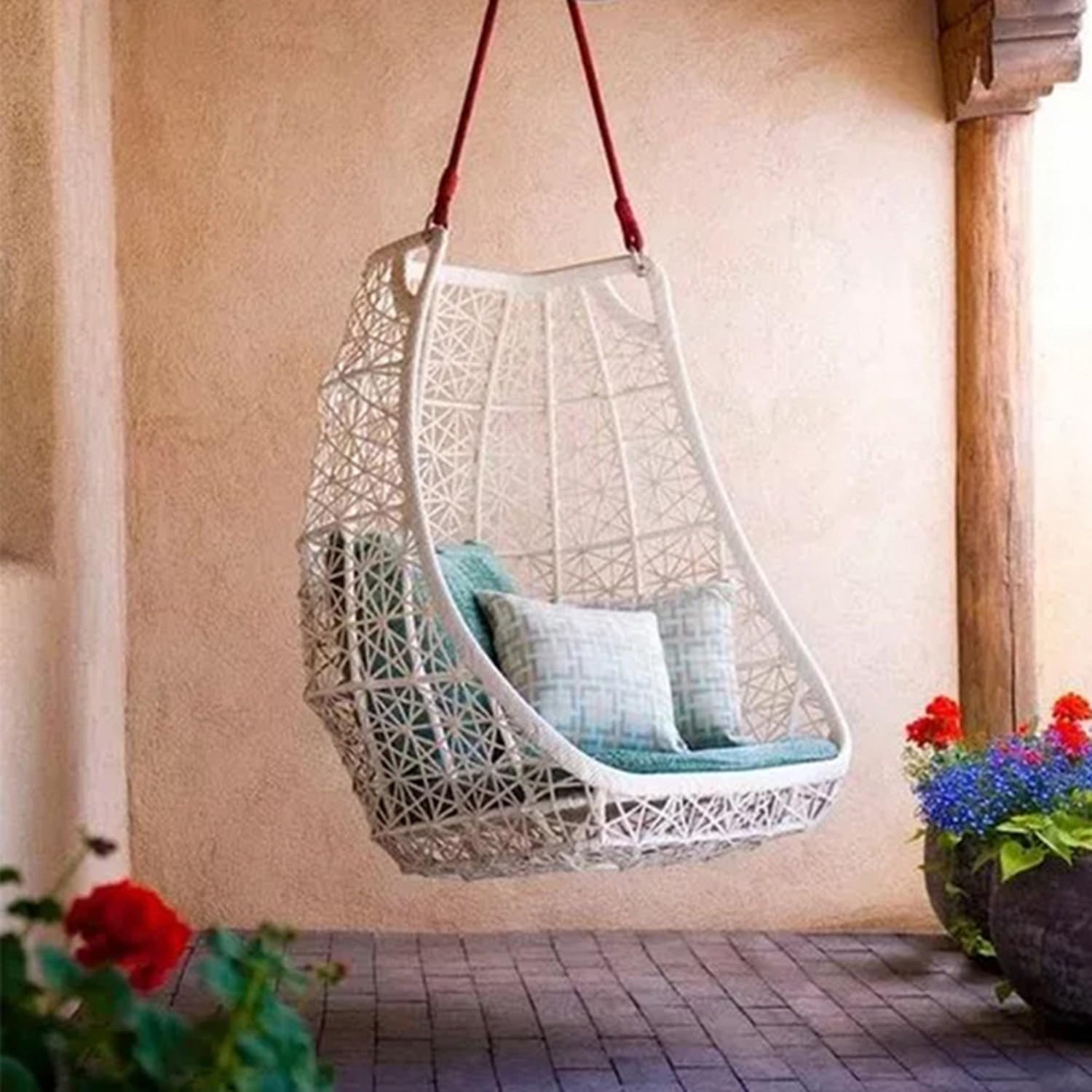 Outdoor-Hängesessel mit UV-beständigen Kissen, PE-Rattan, Schaukelkorb, Stuhl für drinnen und draußen, Garten und Balkon, Weiß