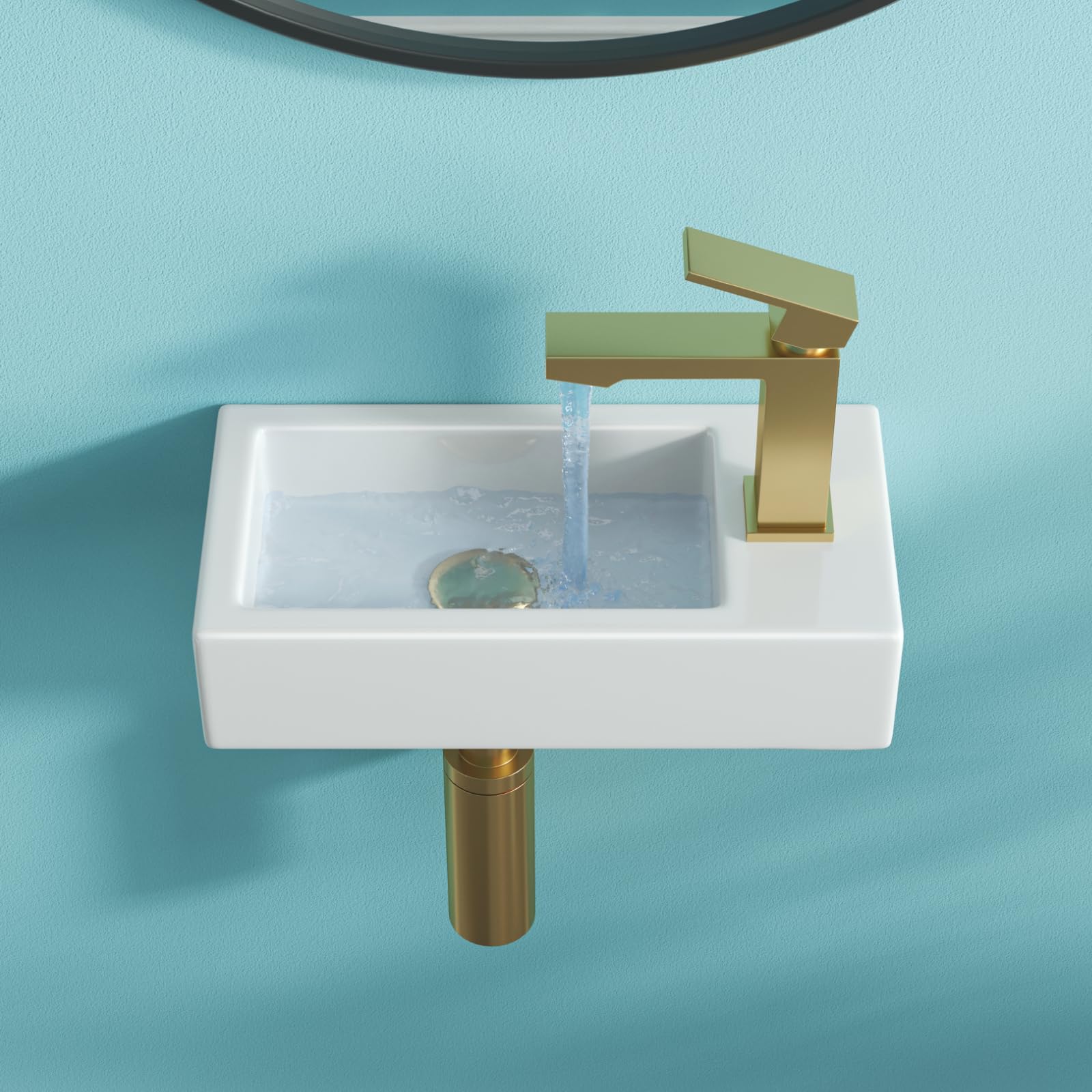 Teal Home Lavabo, lavabo piccolo, lavabo per ospiti, bagno, mini lavabo in ceramica, foro per rubinetto destro, Senza valvola di scarico pop-up, 37 x 18,5 x 9 cm | Lavabo sospeso da bagno, mini lavandino in ceramica, lavello da appoggio, bianco, 37 x 18,5