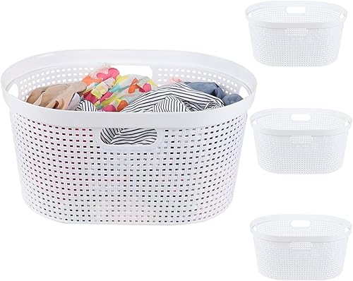 Paquete de 4 cestas de lavandería con mango recortado, cesta de lavandería de plástico blanco