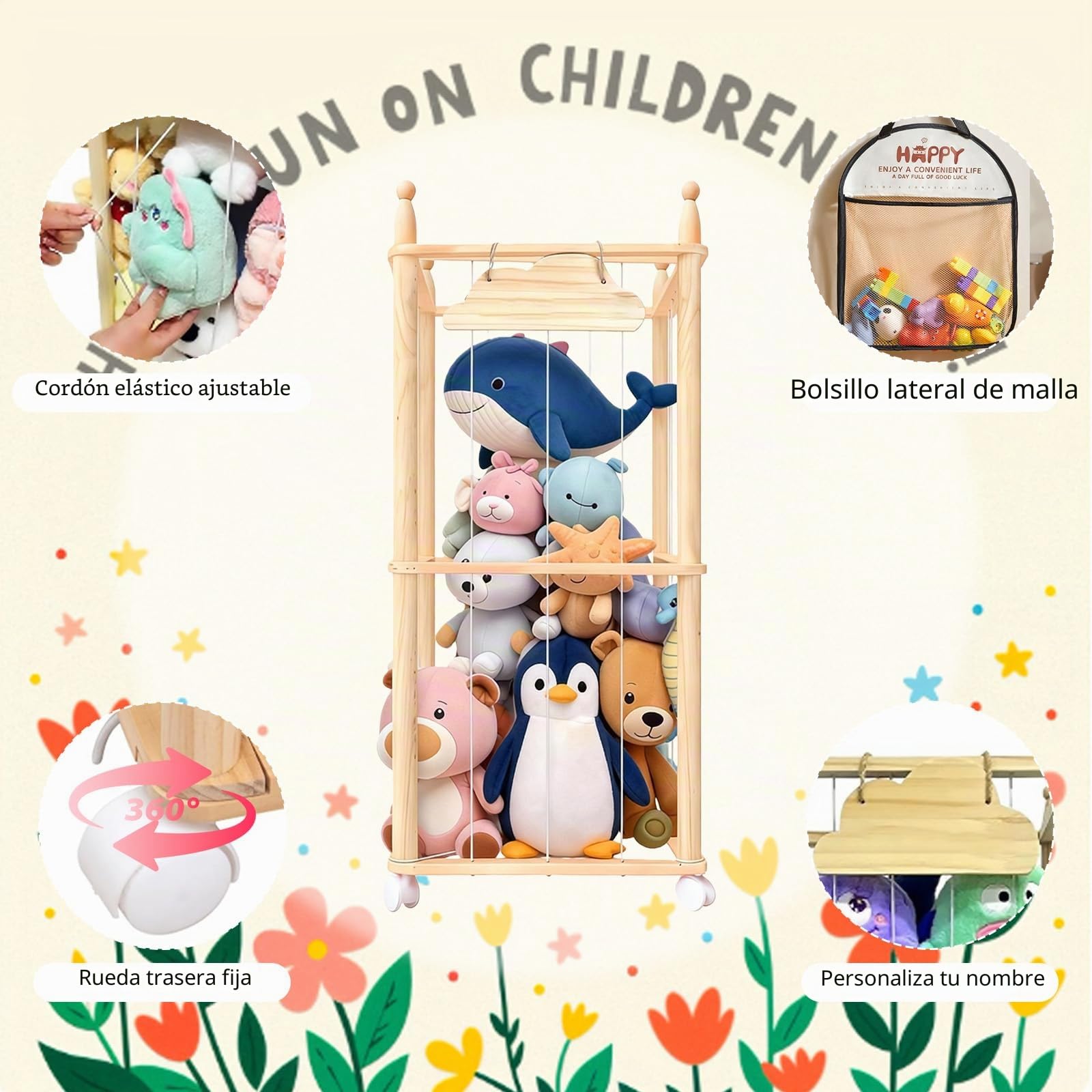 Almacenamiento de Animales de Peluche de Madera, con Ruedas de 360°, Almacenamiento de Juguetes de Peluche, Almacenamiento de Animales para Sala de Juegos, Dormitorio, decoración Infantil