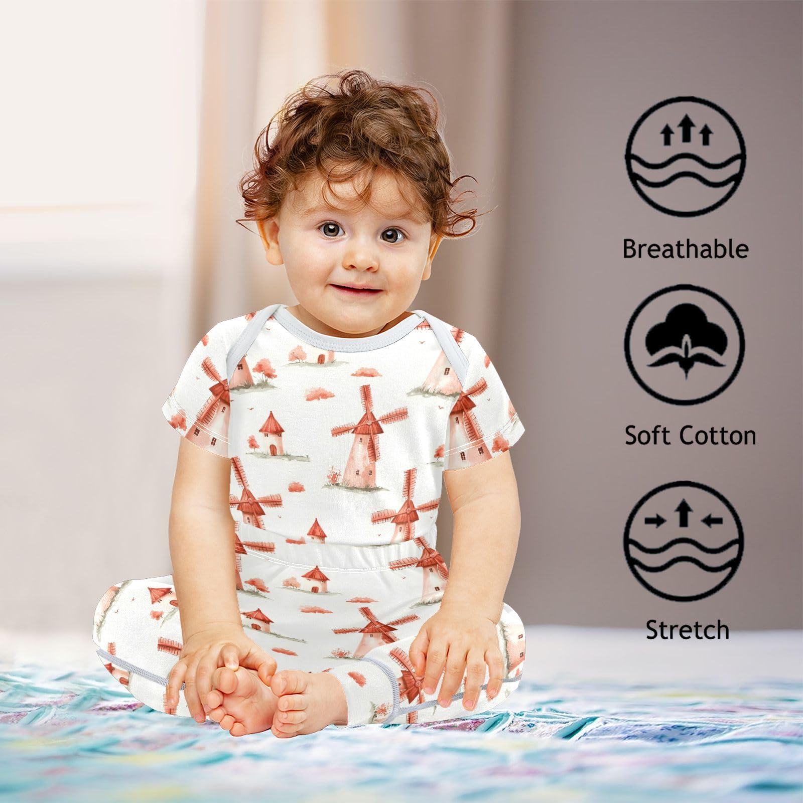 vvfelixl Cartoon Red Windmill Baby Layette Sets,Baby Bodysuits Set Unisex Short Sleeve Babys Pants Sets 9-12M