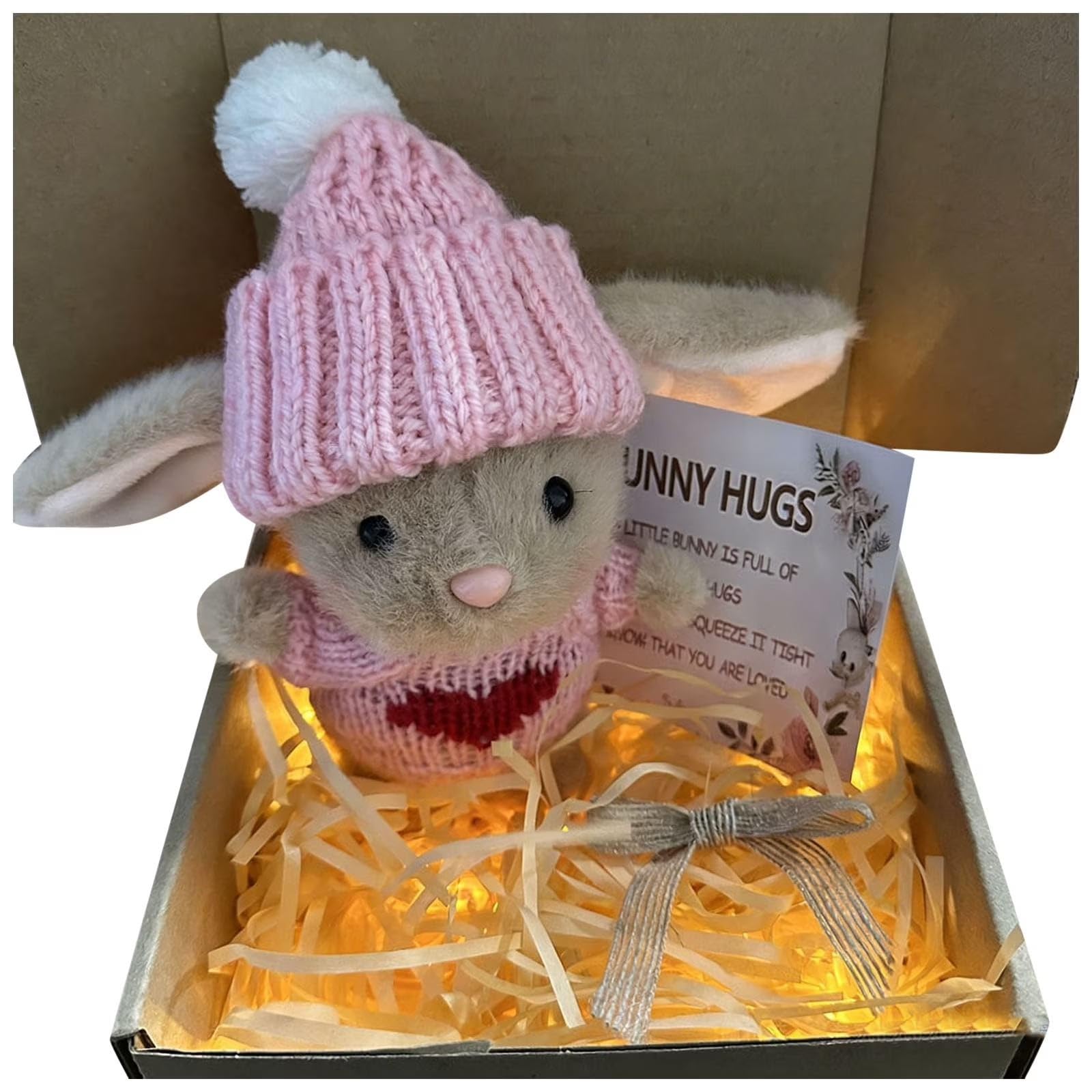 Mini Bunny Hug in a Box, Mini Bunny Hug Cute Easter Gift, Cute Easter Rabbit Doll with LED Light, Lovely Crochet Bunny Ornament, Warm Hugging Rabbit Decor for Home(Pink, 18 * 10cm)