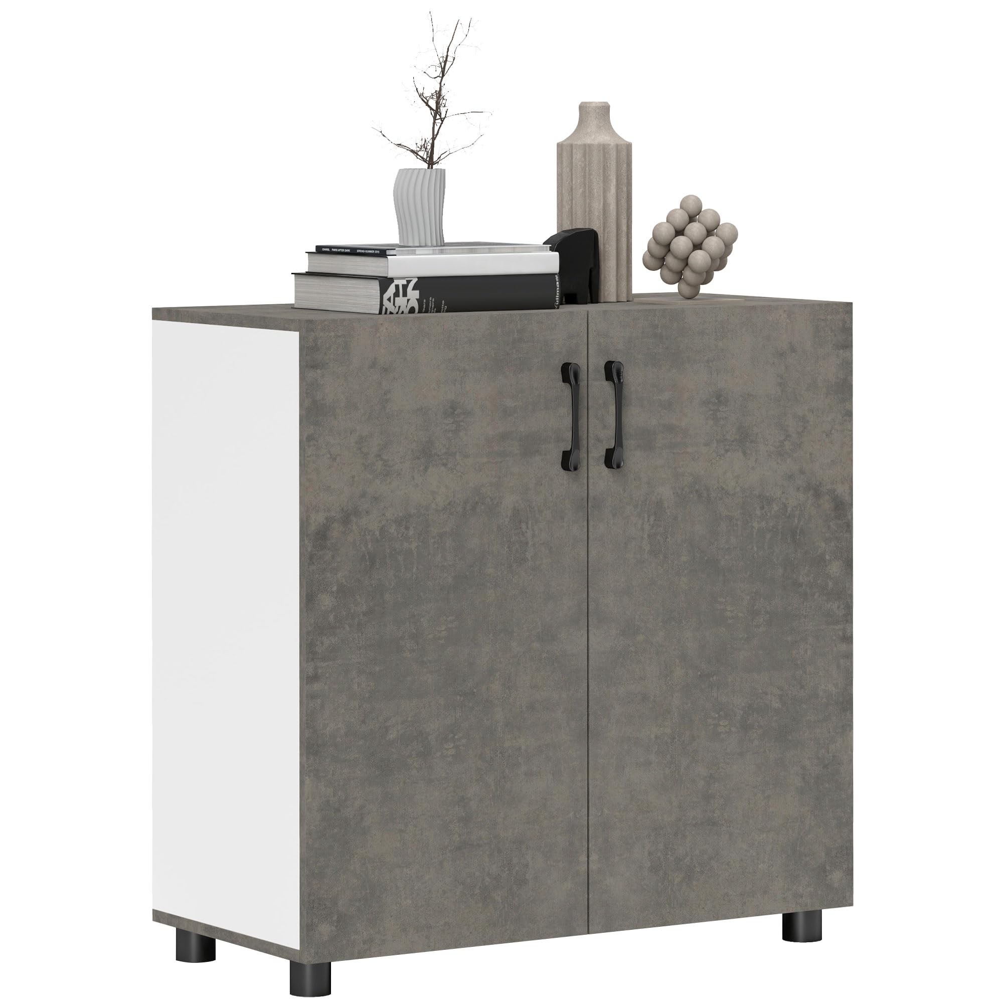 HOMCOM Aparador de 2 Puertas de Cierre Suave Aparador de Salón con Estante Mueble Auxiliar para Cocina Dormitorio Entrada 80x37x80 cm Gris Cemento y Blanco Brillo
