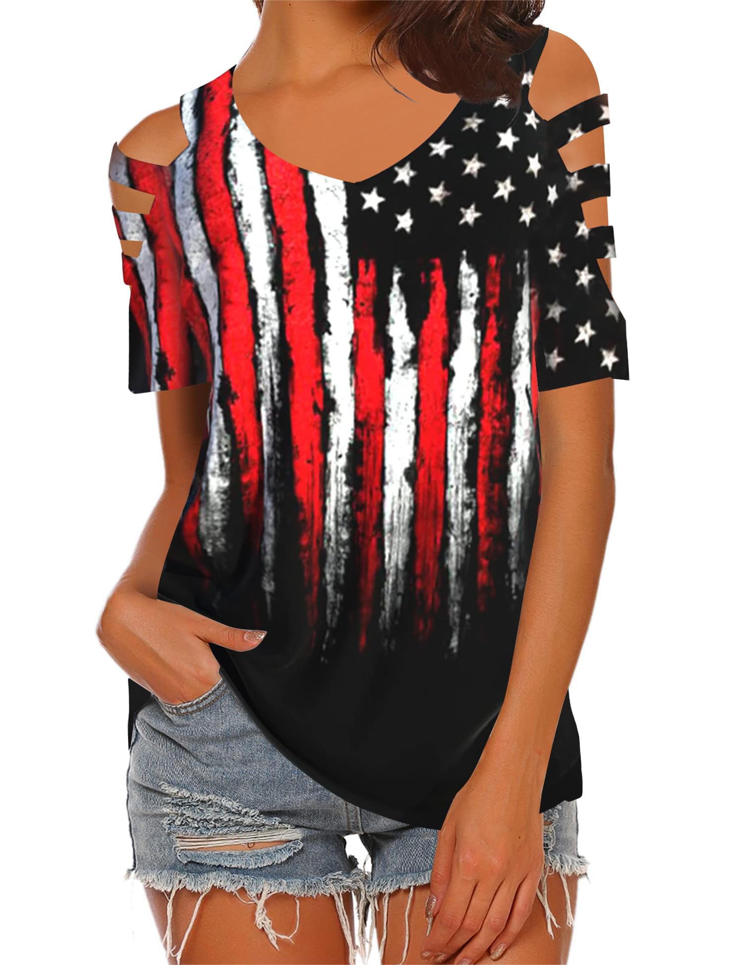 Women's USA Flag Off Shoulder Top - Patriotic Tee For 4th Of July, Distressed Star & Stripes Design - View #8