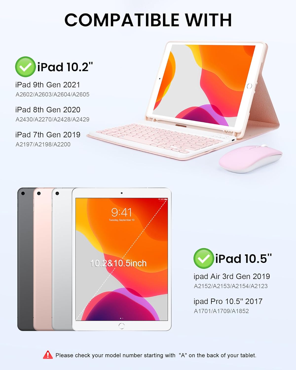for iPad 10.2" 9th 8th 7th Generation Keyboard Case with Mouse, 10.5 inch iPad Air 10.5"(3rd Gen)/iPad Pro Case with Keyboard and Mouse & Pencil Holder, Wireless, Bluetooth, Detachable, Pink