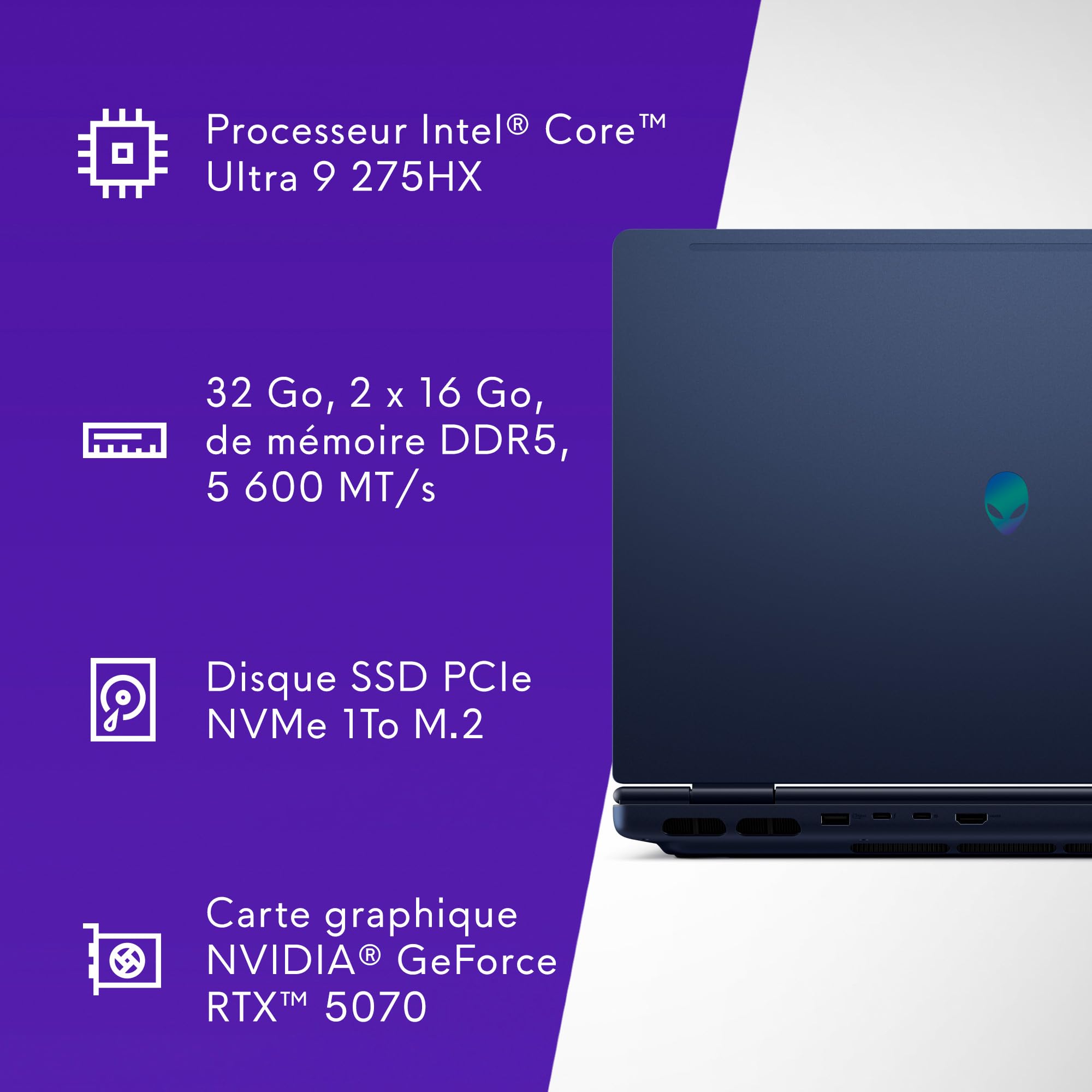 Alienware 16x Aurora PC Portable Gaming AC16251-16" WQXGA 240Hz G-Sync, Intel Core Ultra 9 275HX Series 2, NVIDIA GeForce RTX 5070, 32Go RAM, 1To SSD, Windows 11 Home, Clavier RGB AlienFX Azerty