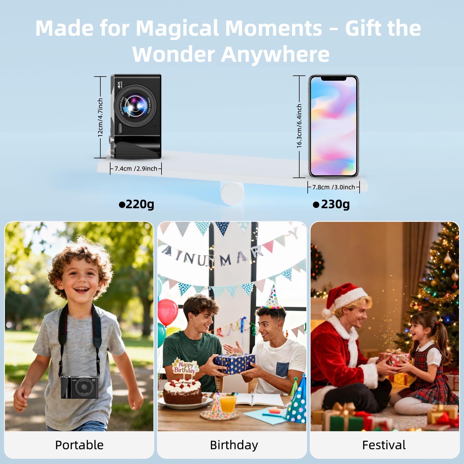 Fotocamera digitale 4K per fotografia e vlogging, autofocus da 56 MP, schermo flip a 180°, zoom 16x, fotocamera compatta da viaggio per bambini, ragazzi e principianti, scheda da 32 GB, tipo C