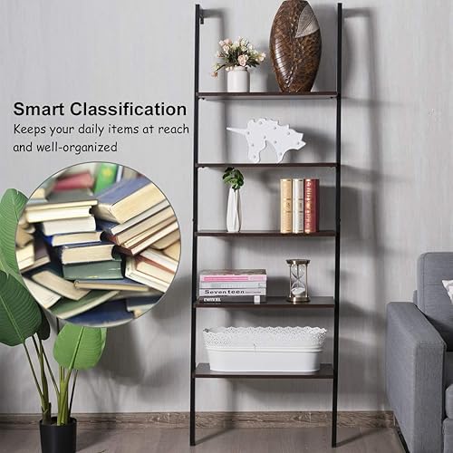 Miniatura 6 de Tangkula Estantería de 5 estantes, moderna estantería de madera de 5 niveles para montar en la pared con marco de metal, estante de escalera abierto