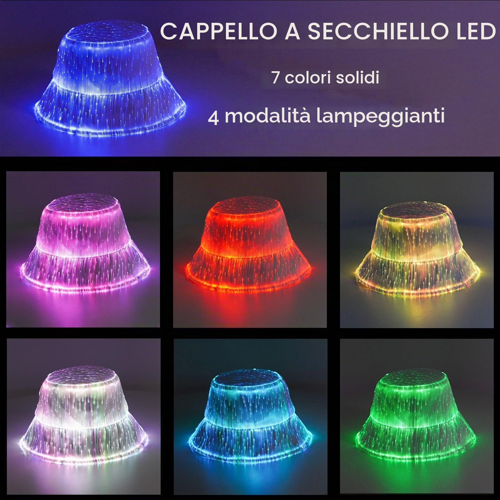 lumisonata LED Rave Bucket Hat USB Rechargeable 7 Colors Glow in The Dark Festival Accessories