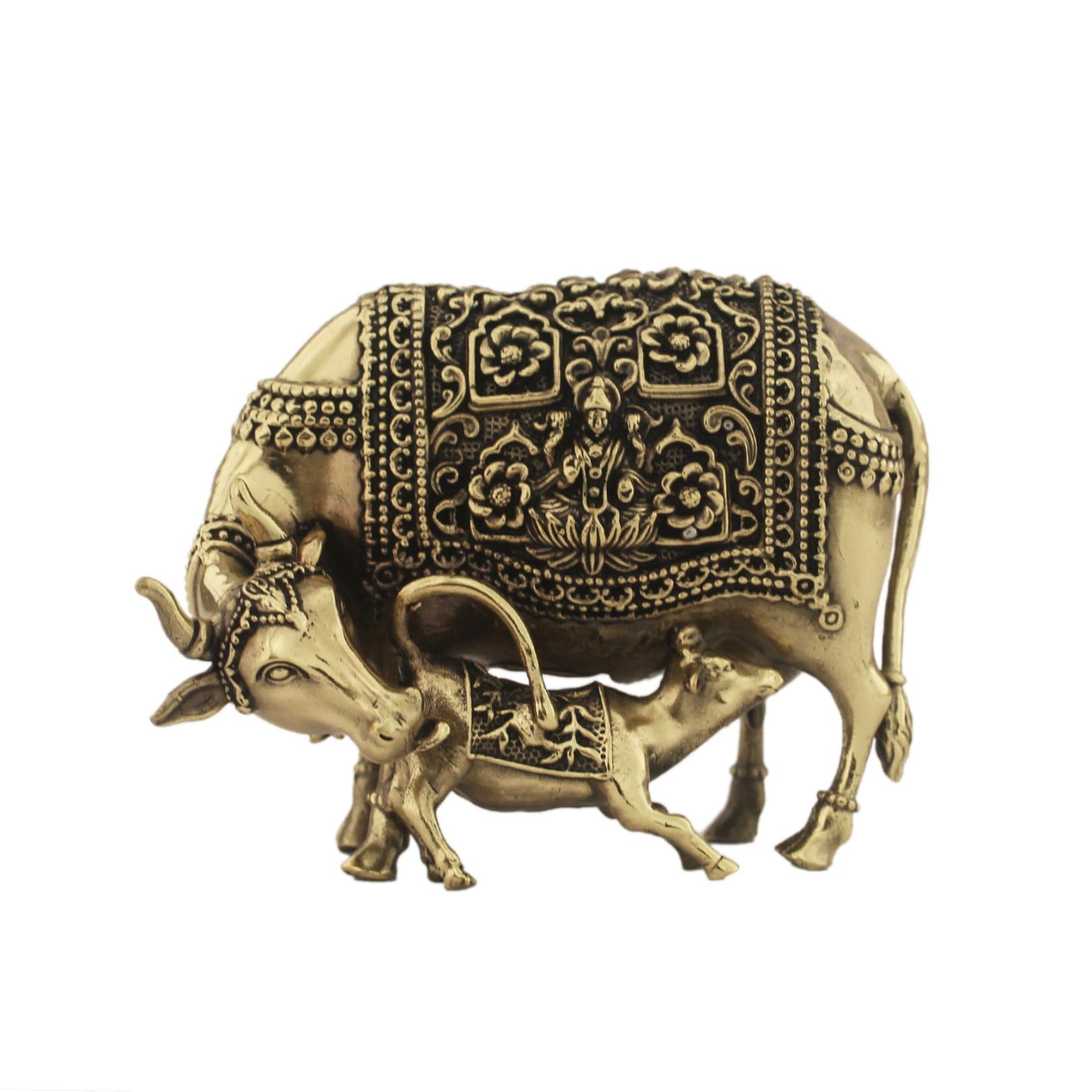 INDICAST Statuetta spirituale di Kamdhenu Gau MATA Idol Spiritual Vastu Nandi Pooja da 7,6 cm, realizzata a mano, in ottone, con mucca e vitello per la buona fortuna, per casa e ufficio (peso: 210 gm)