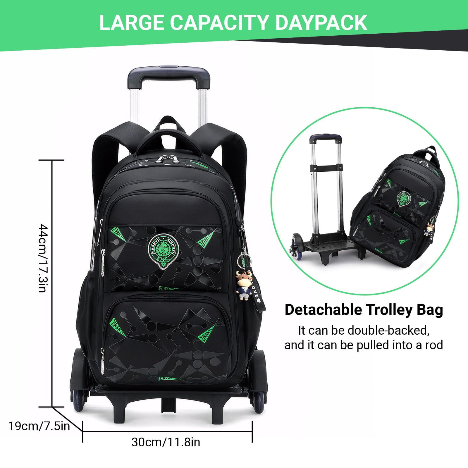 Amythe Zaino Trolley per Bambini Zaini Scuola Elementare, Zainetto Ragazzi da Viaggio con Carrello e Maniglia Telescopica, 6 Ruote, Nero