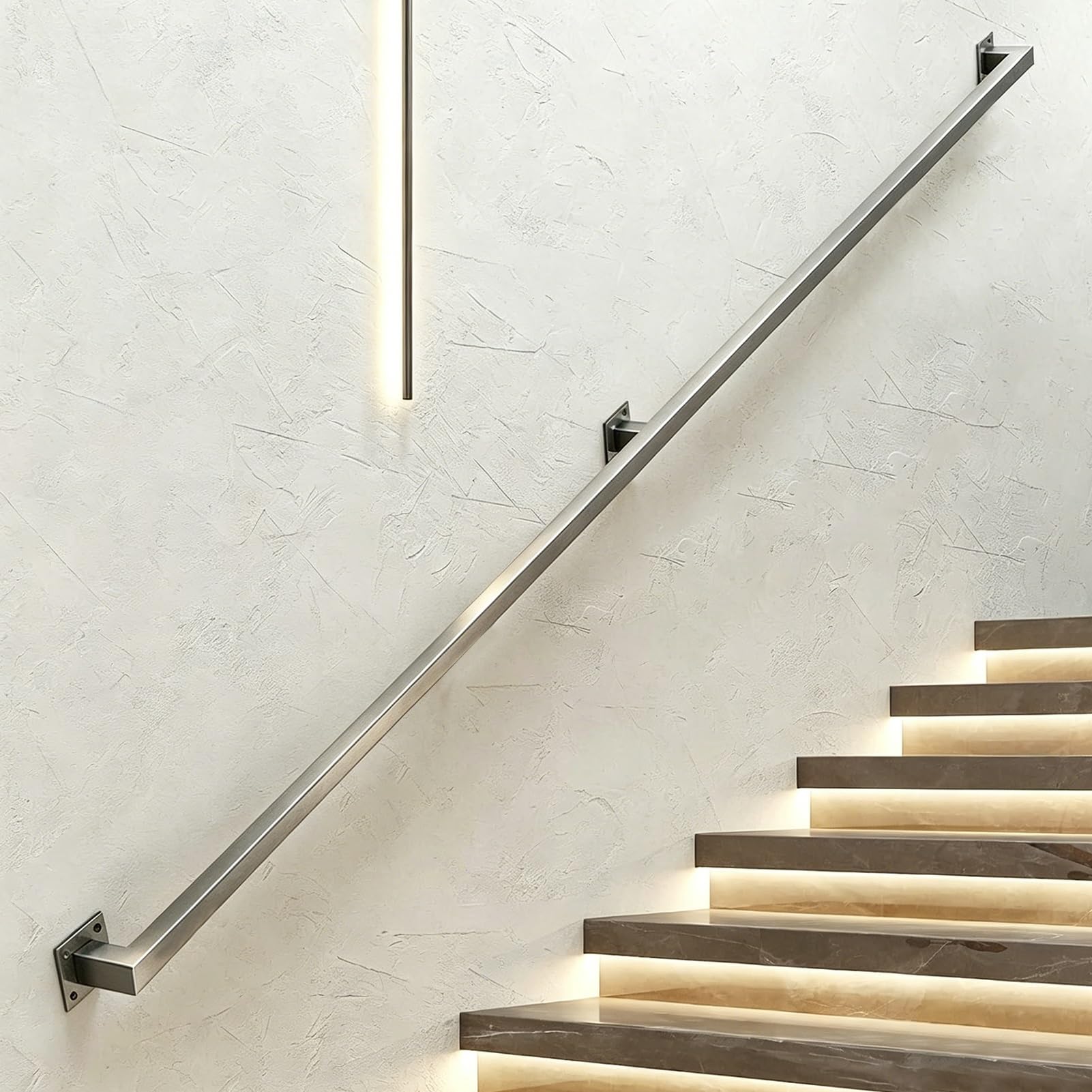 Hamankim One Color Staircase Banisters For Wall, 60Cm 1M 1.5M 2.8M 2.5M 3.9M 4.5M 6M Non-Slip Square Pipe Handrail For Indoor Outdoor Lofts, Stainless Steel Railing Brackets Support Kit - Silver(17Ft/5.1M)
