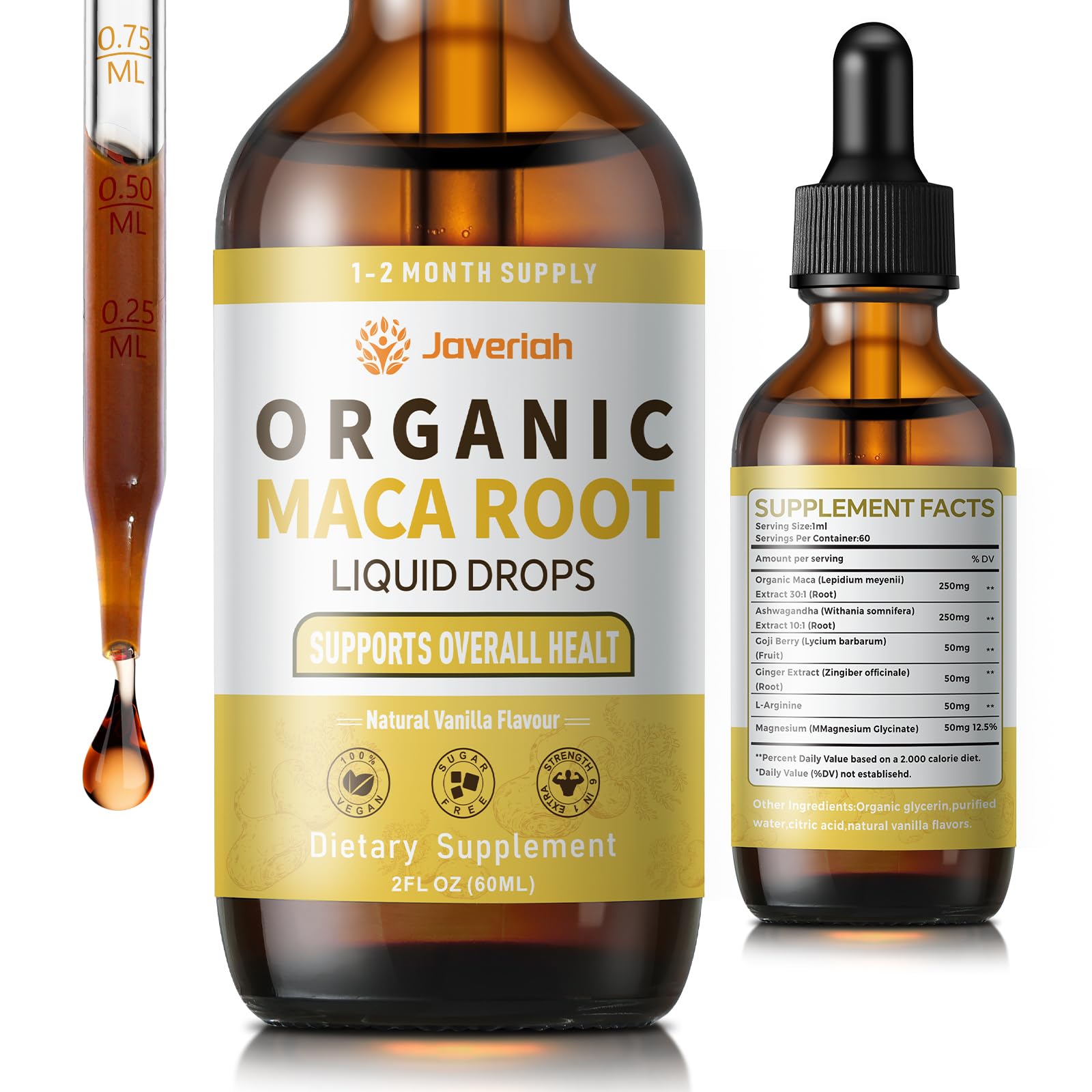 Javeriah Organic Maca Root Liquid Drops with Ashwagandha,Goji Berry,Ginger,Magnesium and L-Arginine for Women and Men,Ashwagandha Maca Root Supplements Tincture 2 Fl Oz 1 Pack