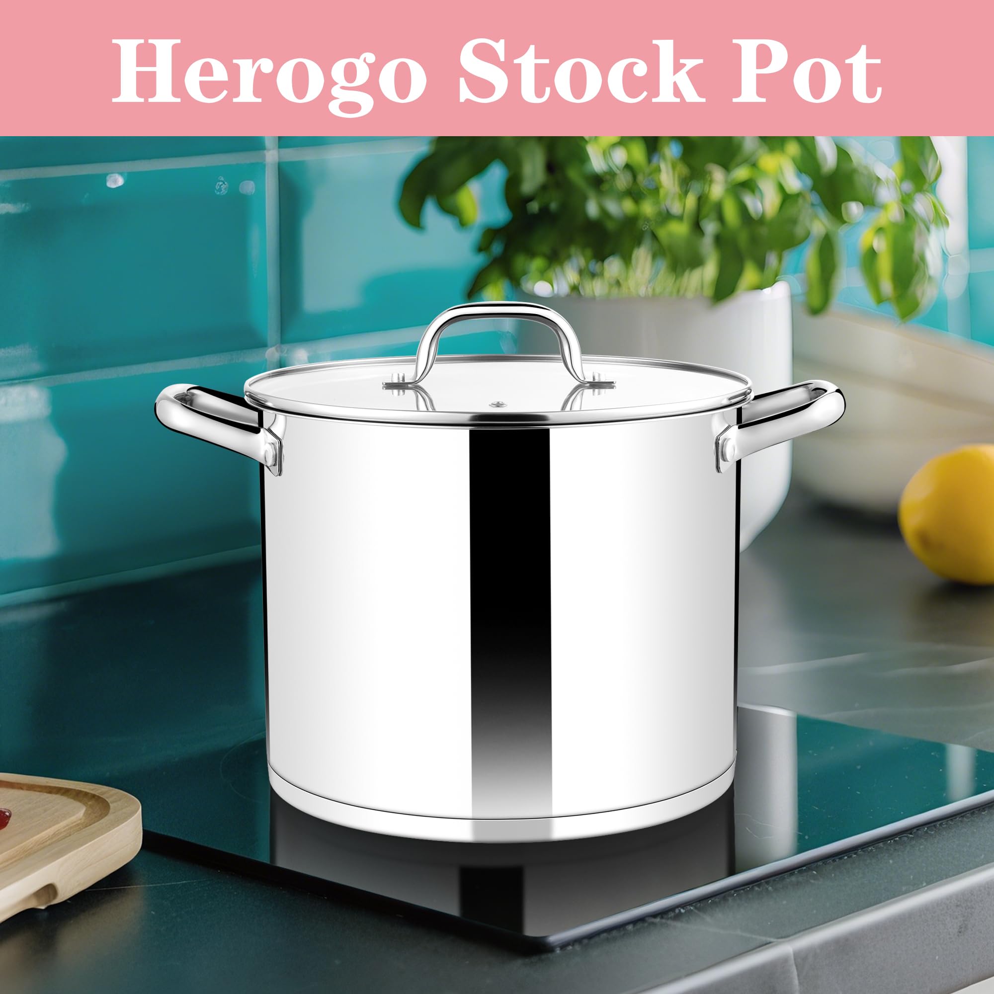 Herogo Pentola da 10 l, pentola in acciaio inossidabile con coperchio trasparente visibile, pentola a induzione da 24 cm per zuppe, fondo a tre strati per tutti i fornelli, grande capacità per stufare