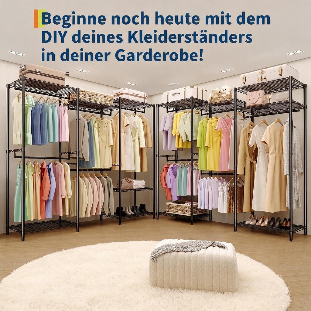 Schwerlast Kleiderständer mit Regalböden, freistehendes offenes Metall-Kleiderschranksystem - 4 Kleiderstangen, 6 verstellbare Ablagen, modular - bis 1430 lb - Schwarz