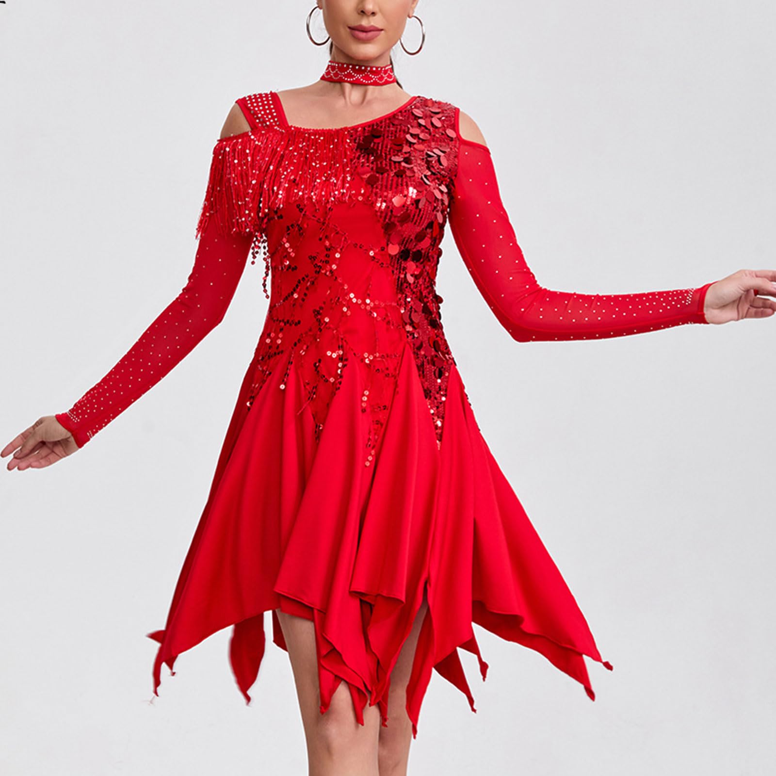 Warmes, langärmeliges Latein Tanzkleid, glitzernde Fransen, ideal für kaltes Wetter, Pailletten Fransenkleid