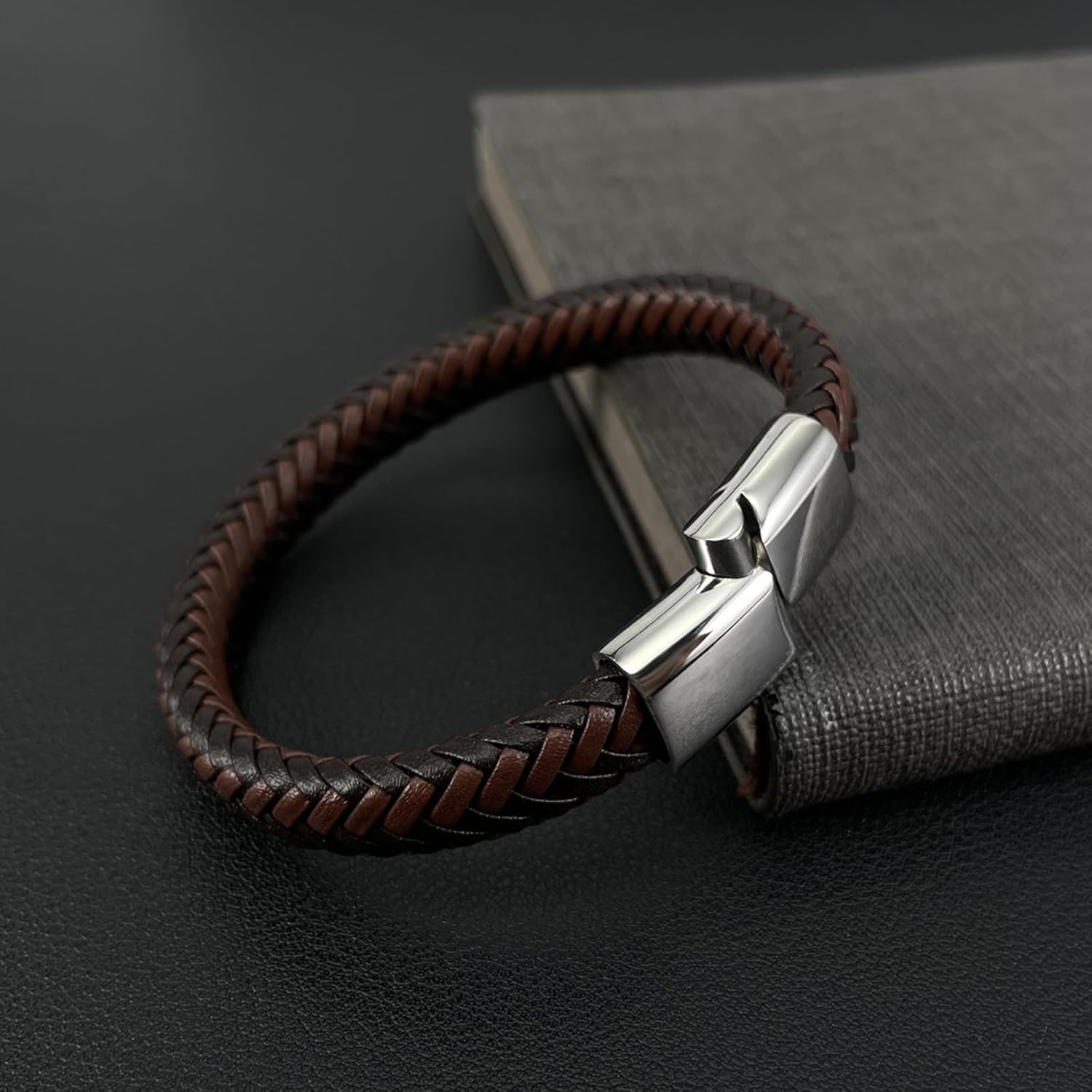 Kim Carrey Italian Handmade Genuine Leather Bracelets for Men Stainless Steel Clip, Men's Casual Genuine Multi-layer Cuff Bracelet, Bracelet Gift for Real Men