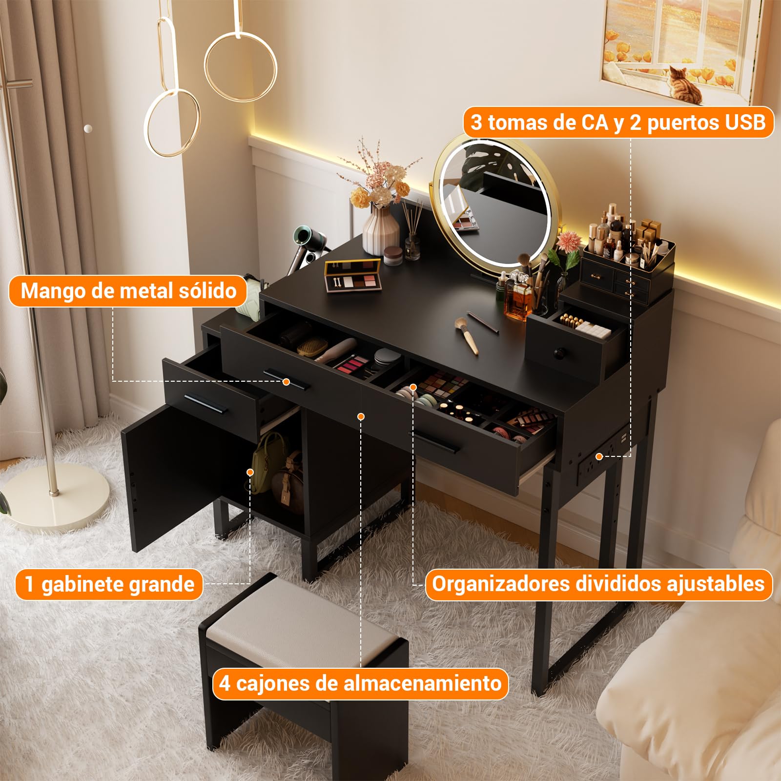 iSunirm Kaptafel kaptafel met 4 opbergladen - modern make-upbureau met oplaadstation, kaptafel met omkeerbare kasttafel set met verdeelde organizers voor vrouwen meisjes