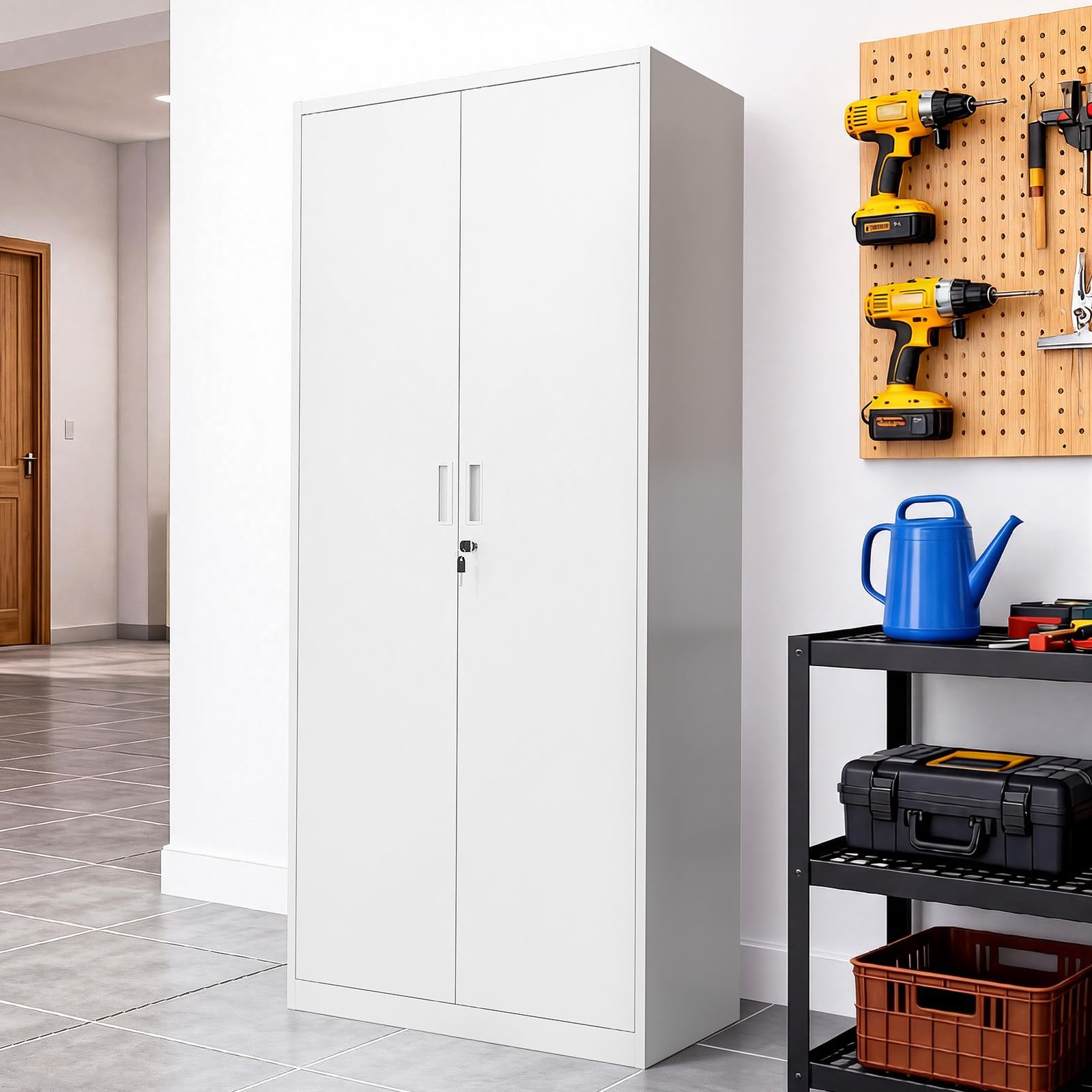 Bonnlo 180cm Tall Metal Storage Cabinet with Lock, 5 Shelves, White