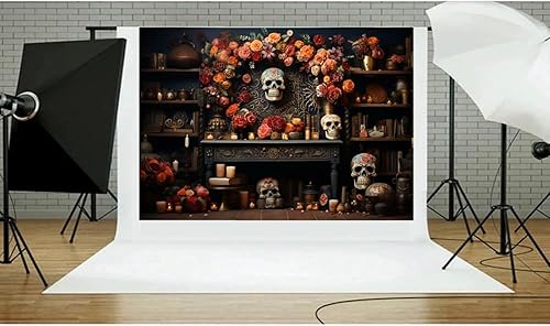 Miniatura 3 de Telón de fondo para fotografía, temática mexicana, fiesta de Halloween, carnaval, flores, esqueleto de azúcar, decoración de retratos para niños,