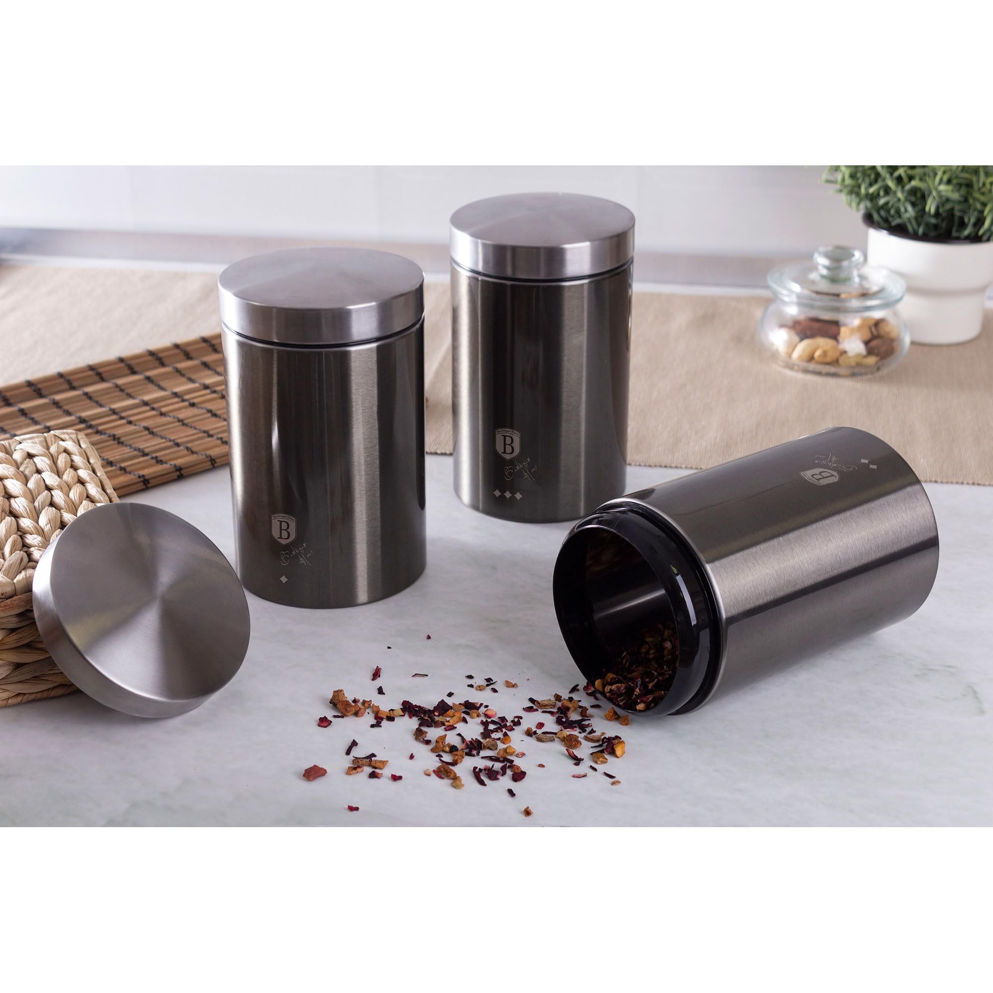 Berlinger Haus Carbon Pro Set Bochenek stołowy + zestaw 3 łodzi kuchennych do przechowywania, stal nierdzewna, pojemnik do przechowywania chleba i ciastek, pokrywka przesuwna, Bread Box, Szary/Inox