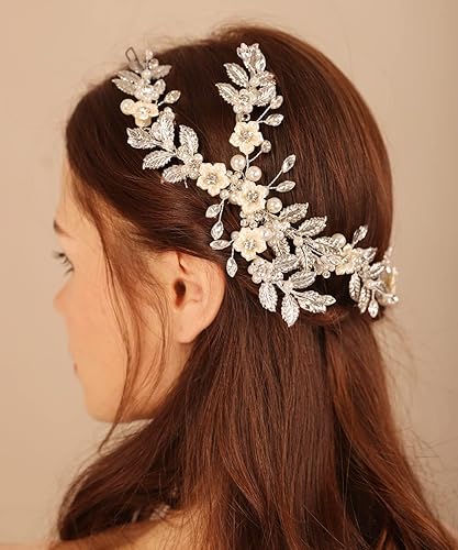 Miniatura 2 de Xerling Peine de pelo de flores y hojas de boda vintage para novias, joyería de pedazos de perlas de diamantes de imitación (plata)