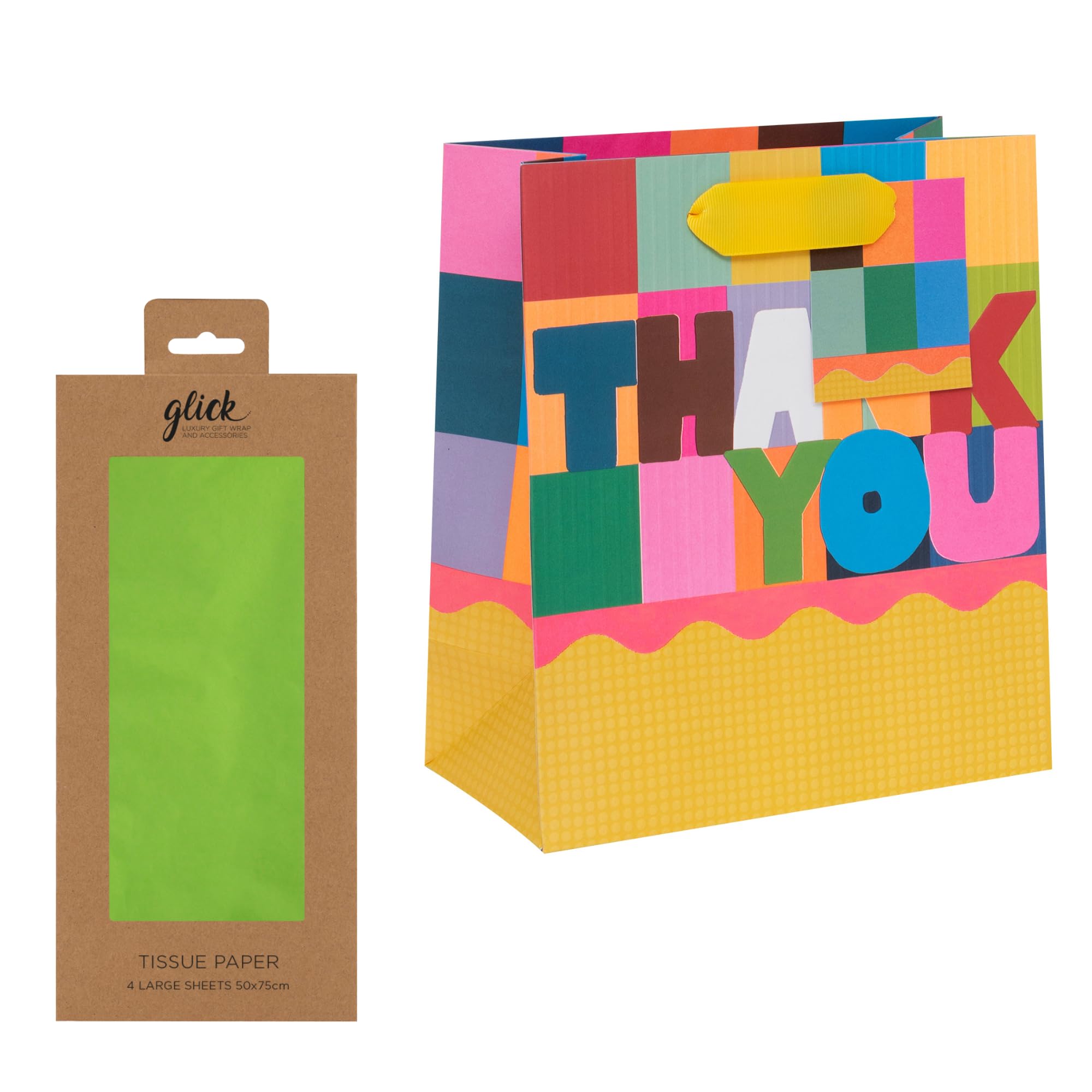 Glick - Thank You Gifting Bundle - Thank You Teacher Gift Bag & Pack of Lime Green Tissue Paper, 4 sheets 75 x 50 cms when Opened, Multi-Coloured