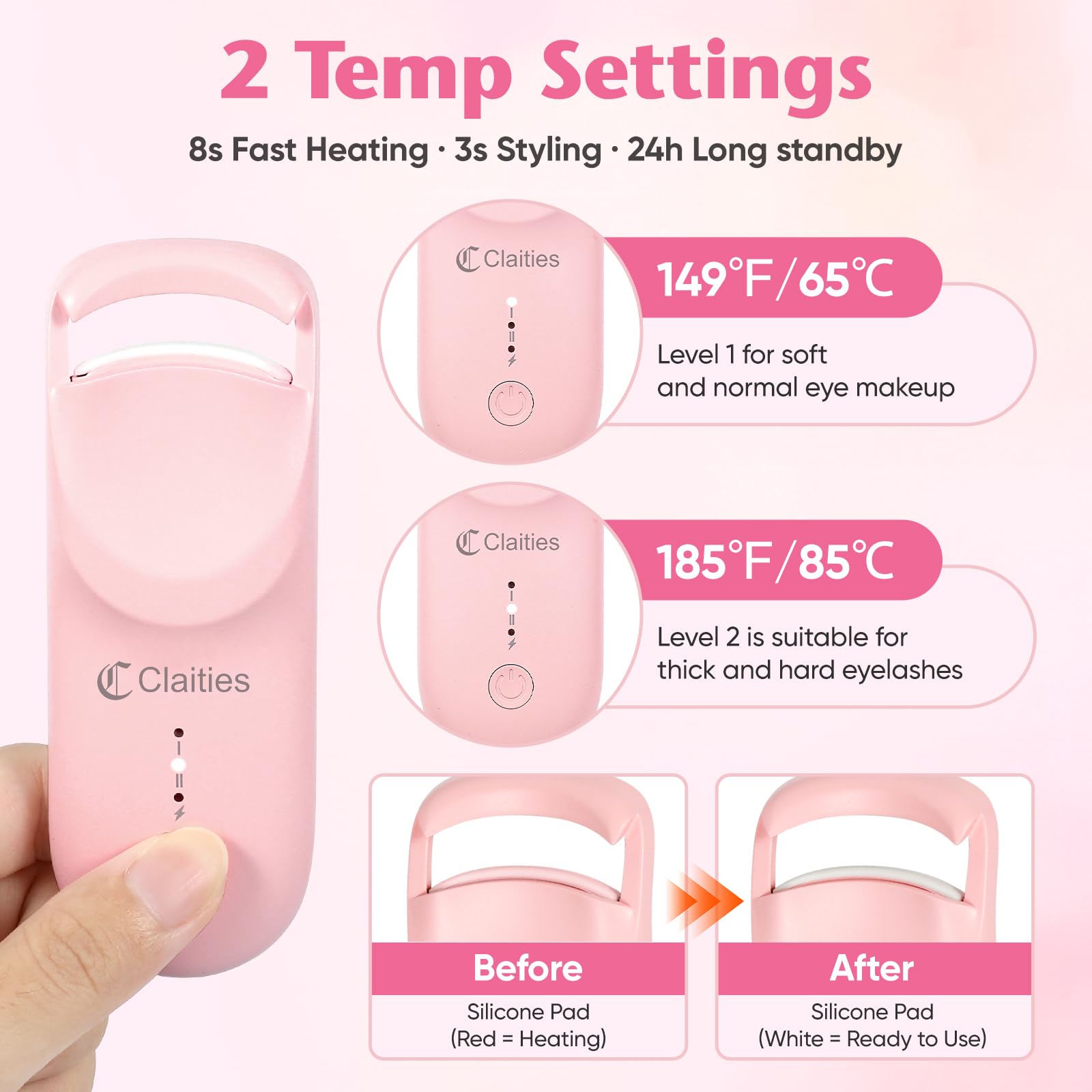 Beheizte Wimpernzange – 10s Hitze, 3s Curl, 24H Halt | Dual-Temp Control & USB-C Recharge | Burn-Proof Design