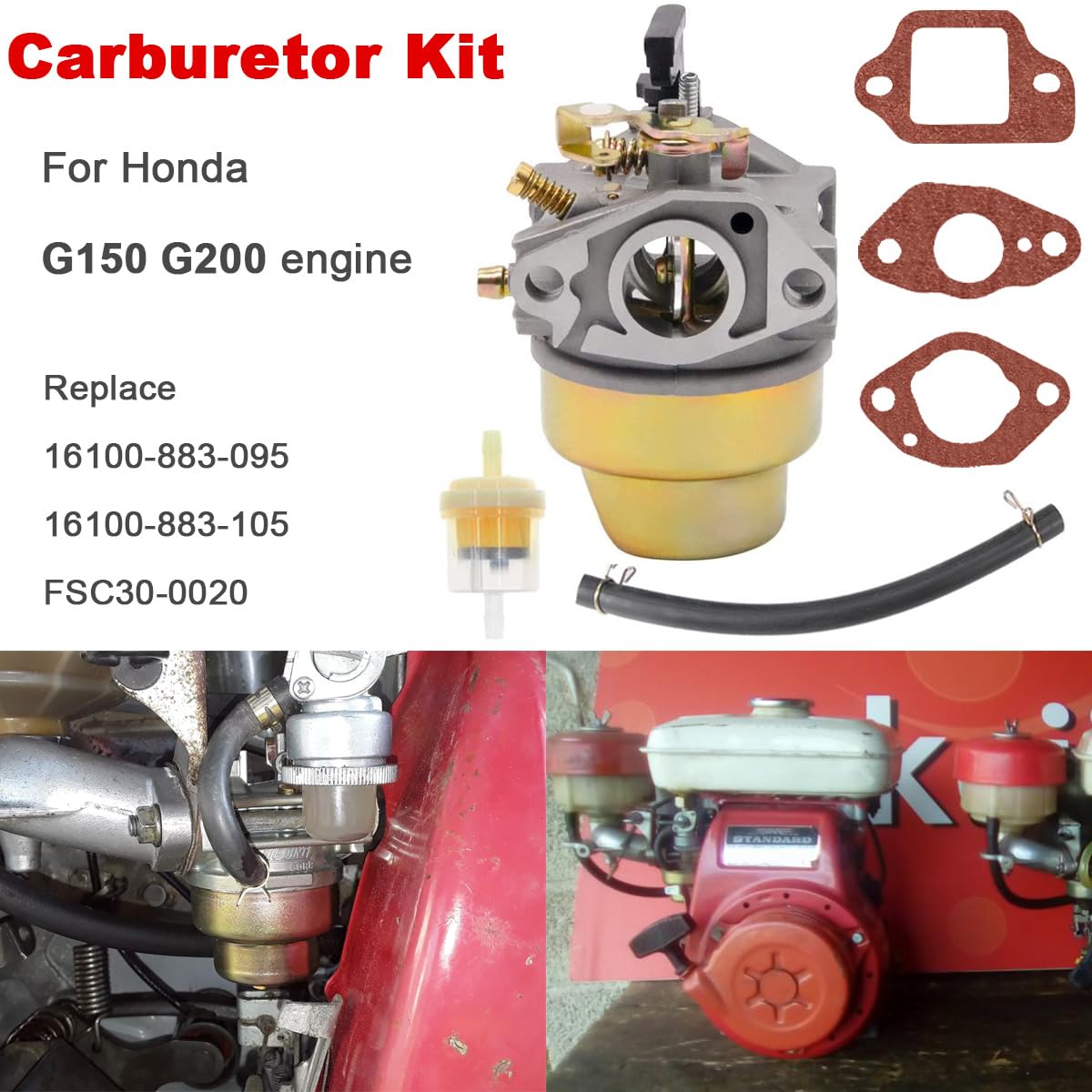 ZAMDOE Nouveau carburateur pour Honda G150 G200 Moteur, remplace 16100-883-095 16100-883-105 FSC30-0020, avec Joints de Filtre à Carburant pour Ligne de Carburant