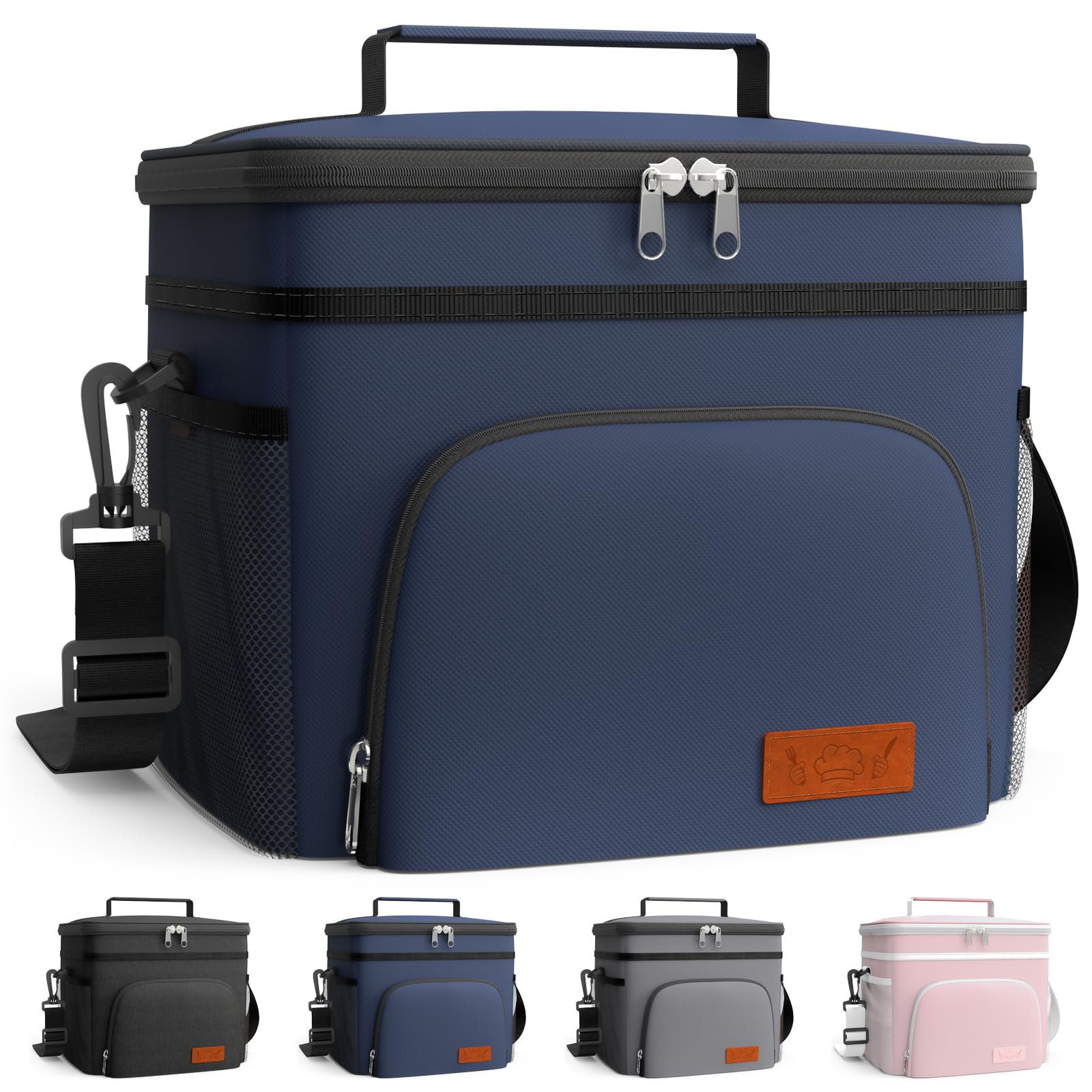 HOTOR Insulated Lunch Bags for Men & Women - Leak-Proof Cooler Lunch Box with 4 Pockets, Adjustable Strap, Ideal for Work, Picnic, Travel, 9L, Navy Blue, 26 x 22 x 17 cm