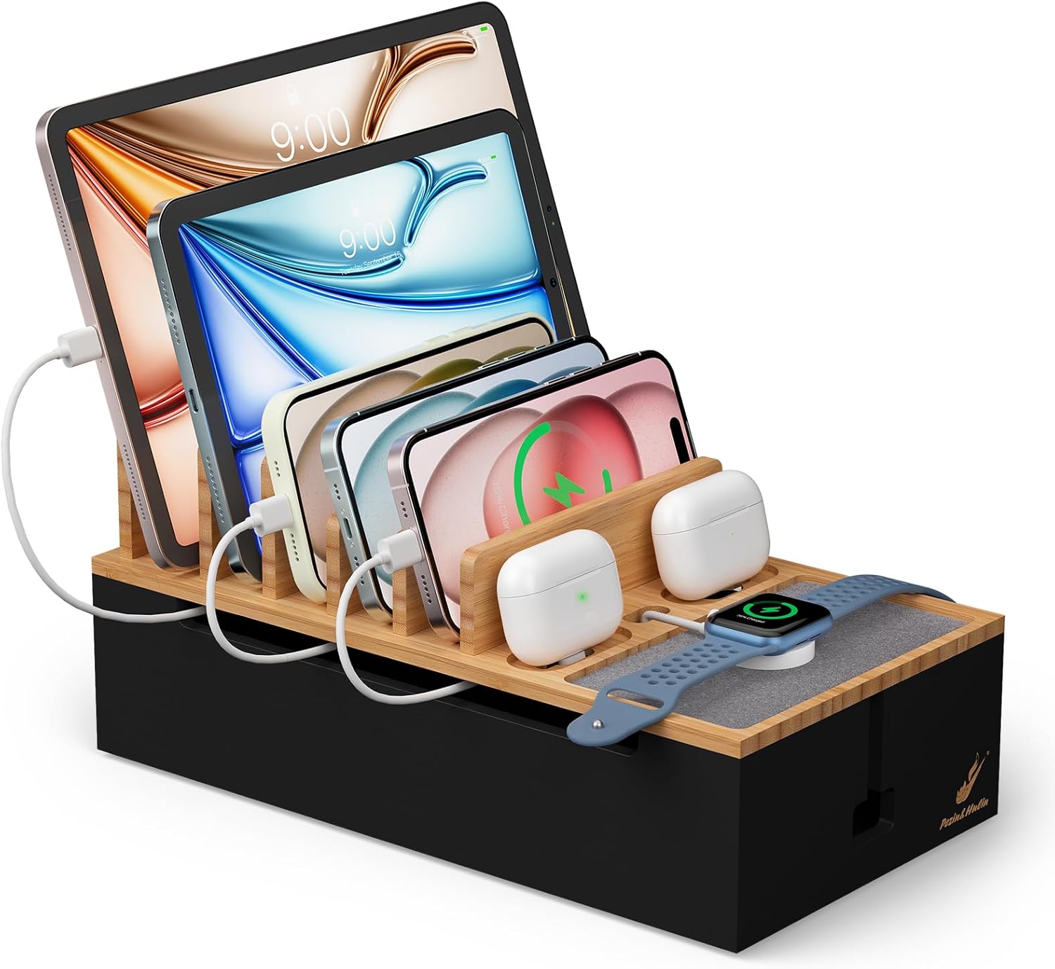 Pezin & Hulin Cord Organizer for Cell Phone Charging Station, Multiple Devices Charger Dock to Management Cables and Storage Power Strips (No Power Hub Supply)-Natural + Black