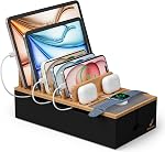 Pezin & Hulin Station de recharge de bambou pour appareils multiples, support de chargeur pour téléphone cellulaire et tablette, organisateur de dispositifs électroniques, 6 USB Câbles (Natural+White (sans chargeur)