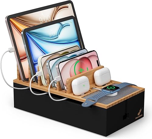 Miniatura 10 de Pezin & Hulin Caja de organización de cables de bambú, organizadores de cables para cordones, caja de estación de carga, estante organizador de