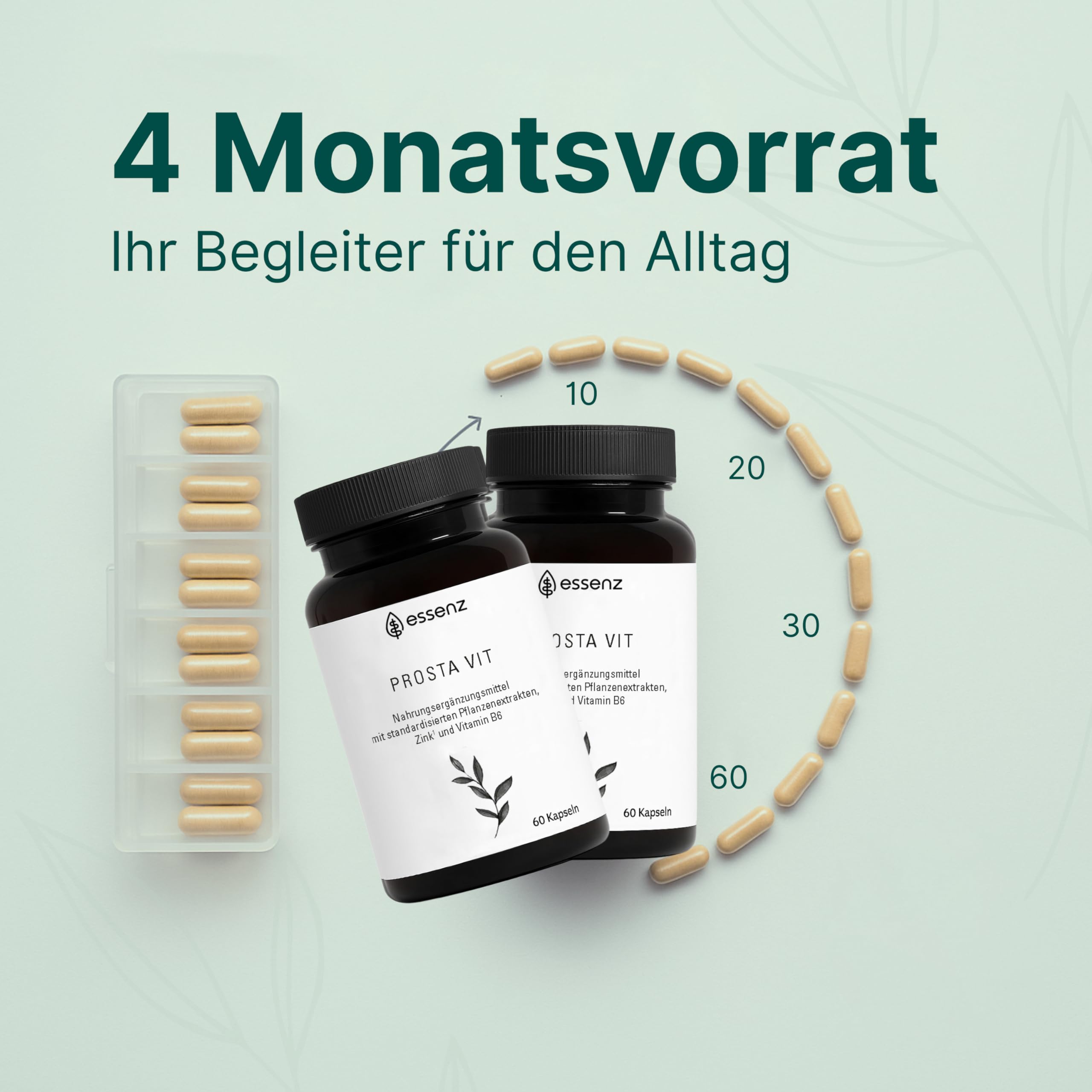 ESSENZ - Prosta Vit 2x60 Kapseln - Natürliche Prosta Vit Kapseln mit Kürbiskern-, Sägepalm- & Brennnesselwurzelextrakt. Zur Förderung des Wohlbefindens