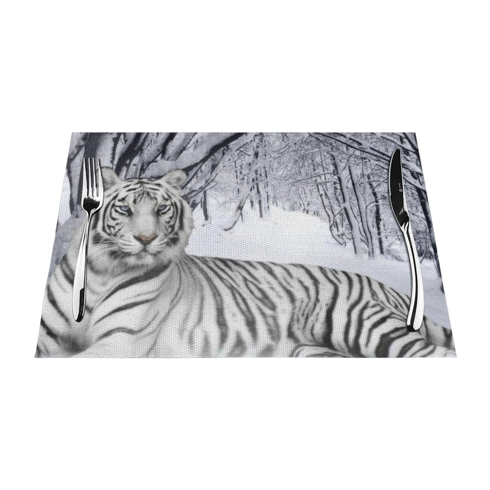 PVC Placemat Set of 6 PCS, 45x30 CM, White tiger Printed Non-Slip Heat Resistant Place Mats for Kitchen Dining Table Indoor Outdoor