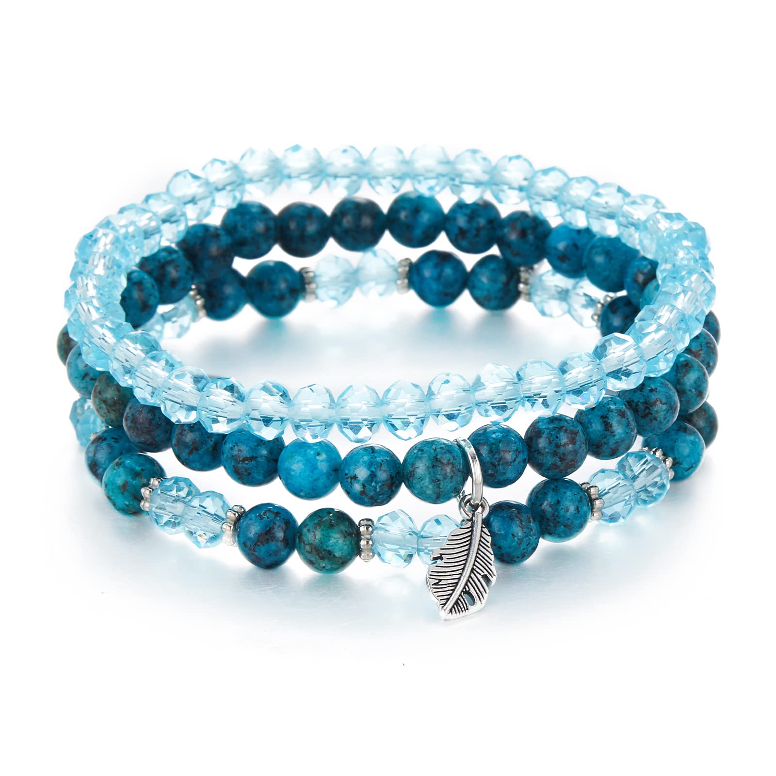 Set Di 3 Bracciali Elastici In Pietre Naturali Per Donna - FULU AUTUMN Con Foglia Portafortuna - Regalo Compleanno Mamma E Nonna
