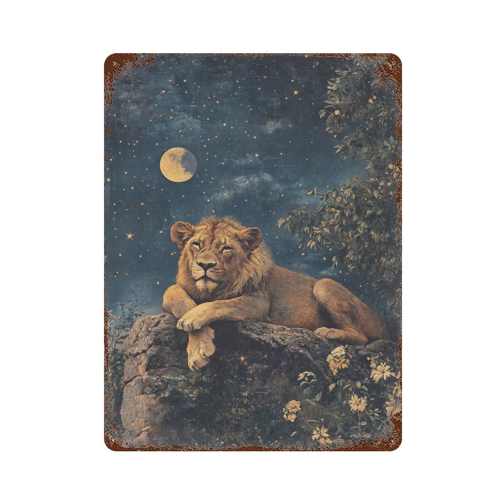Lion Under The Stars 15.7"x11.8" Vintage Rust Metal Sign, Shabby Chic Decor for Garage, Bar And Workshop Decor