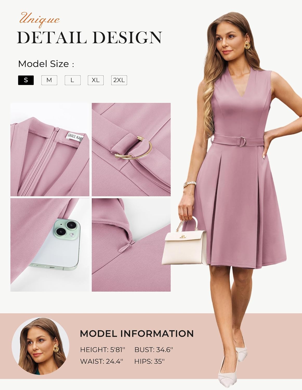 GRACE KARIN Work Dresses for Women 2026 V Neck Fit and Flare Midi Dresses Office Business Dress with Belt and Pockets - Image 6