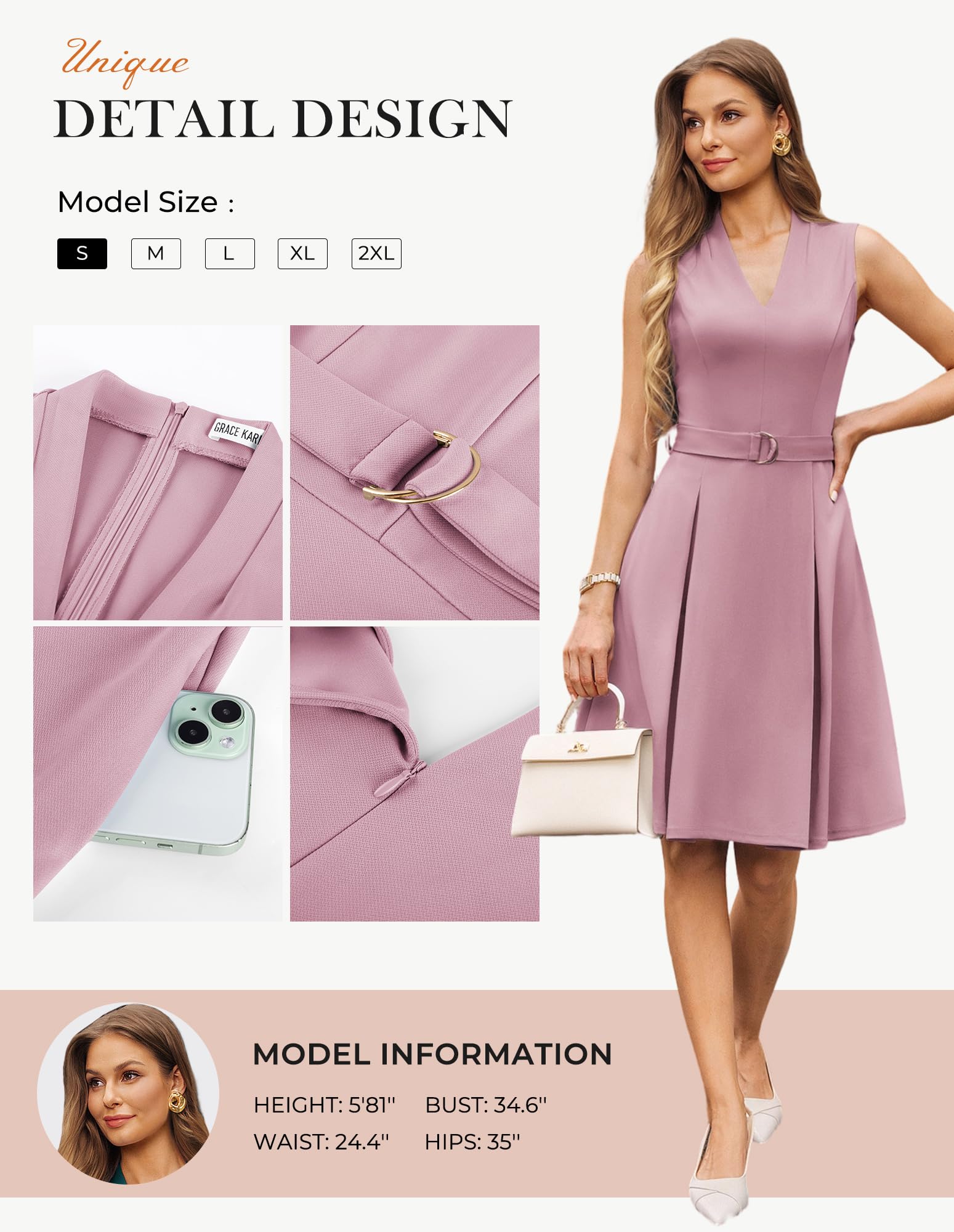 GRACE KARIN Robe d'été élégante sans manches avec col en V et ceinture pour femme