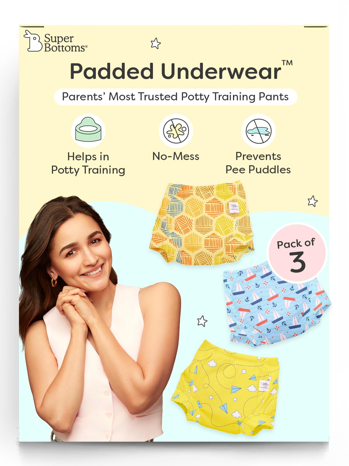 superbottoms Padded Underwear for Babies & Toddlers (1-2 Years), 3 Layers of Premium Cotton & DryFeel Layer, Ideal for Diaper-Free Time & Mess-Free Potty Training Pants, Pack of 3