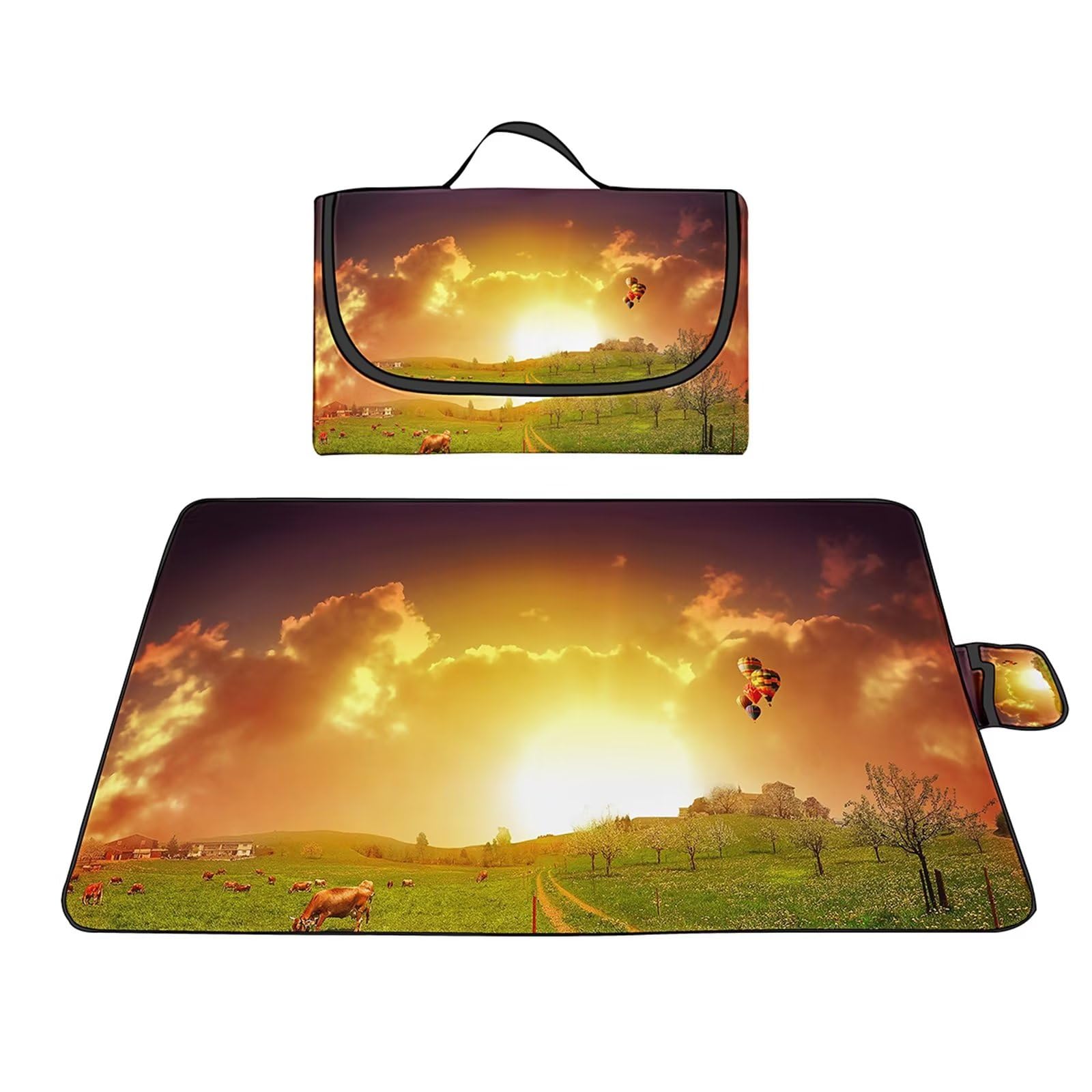 Couverture Pique-nique Imperméable 100x150cm,Couverture Plage Extérieure XXL,Paysage de ferme au coucher du soleil Camping Couverture étanche Pique-nique avec Poignée pour Camping Randonnée Parc Plage