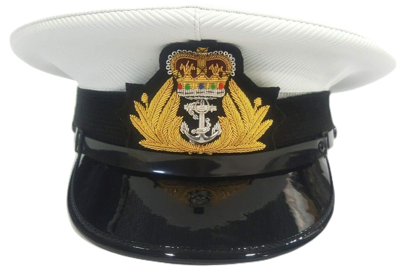 Handembroideryuk Men's White Royal Navy Officer Cap – Naval Peaked Hat With Bullion Anchor & Crown Badge | Military Dress Headgear With Gloss Visor And Leather Strap